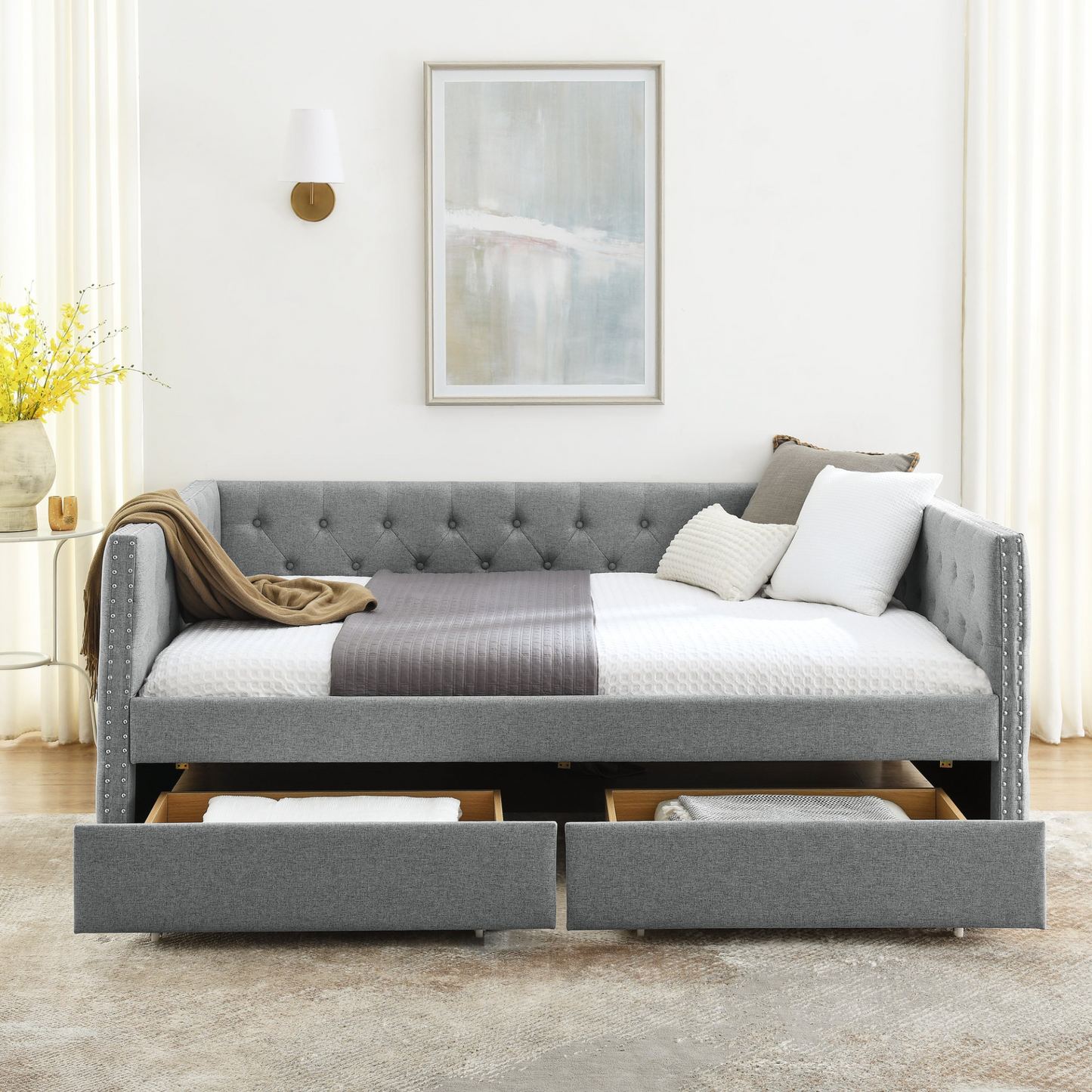 Patio Furntiure Sets | Upholstered Full Size Daybed with Two Drawers, with Button and Copper Nail on Square Arms, Grey (82.75''x58''x30.75'') | casafoyer.myshopify.com