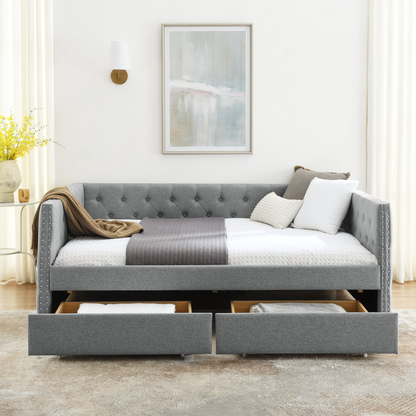 Patio Furntiure Sets | Upholstered Full Size Daybed with Two Drawers, with Button and Copper Nail on Square Arms, Grey (82.75''x58''x30.75'') | casafoyer.myshopify.com