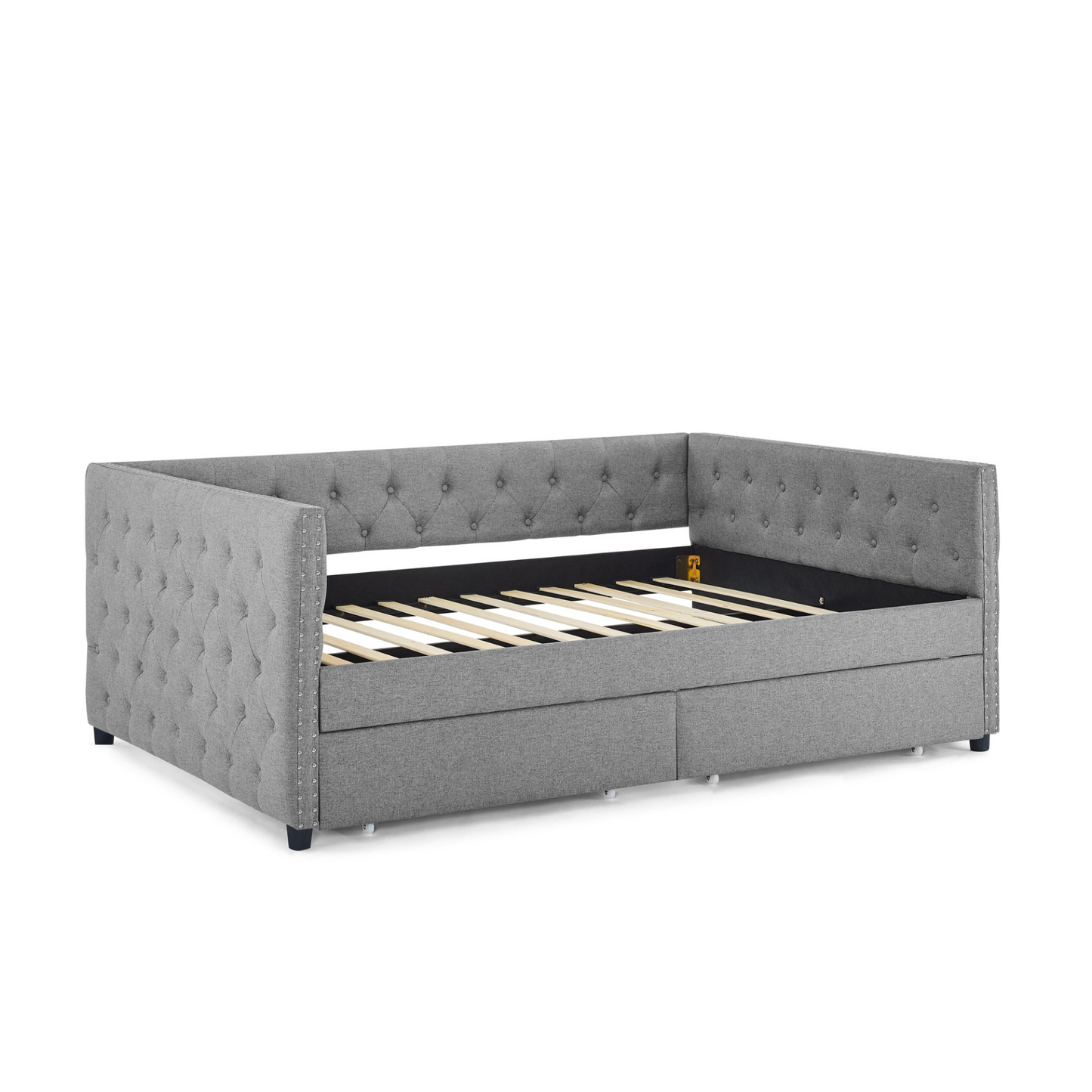 Patio Furntiure Sets | Upholstered Full Size Daybed with Two Drawers, with Button and Copper Nail on Square Arms, Grey (82.75''x58''x30.75'') | casafoyer.myshopify.com