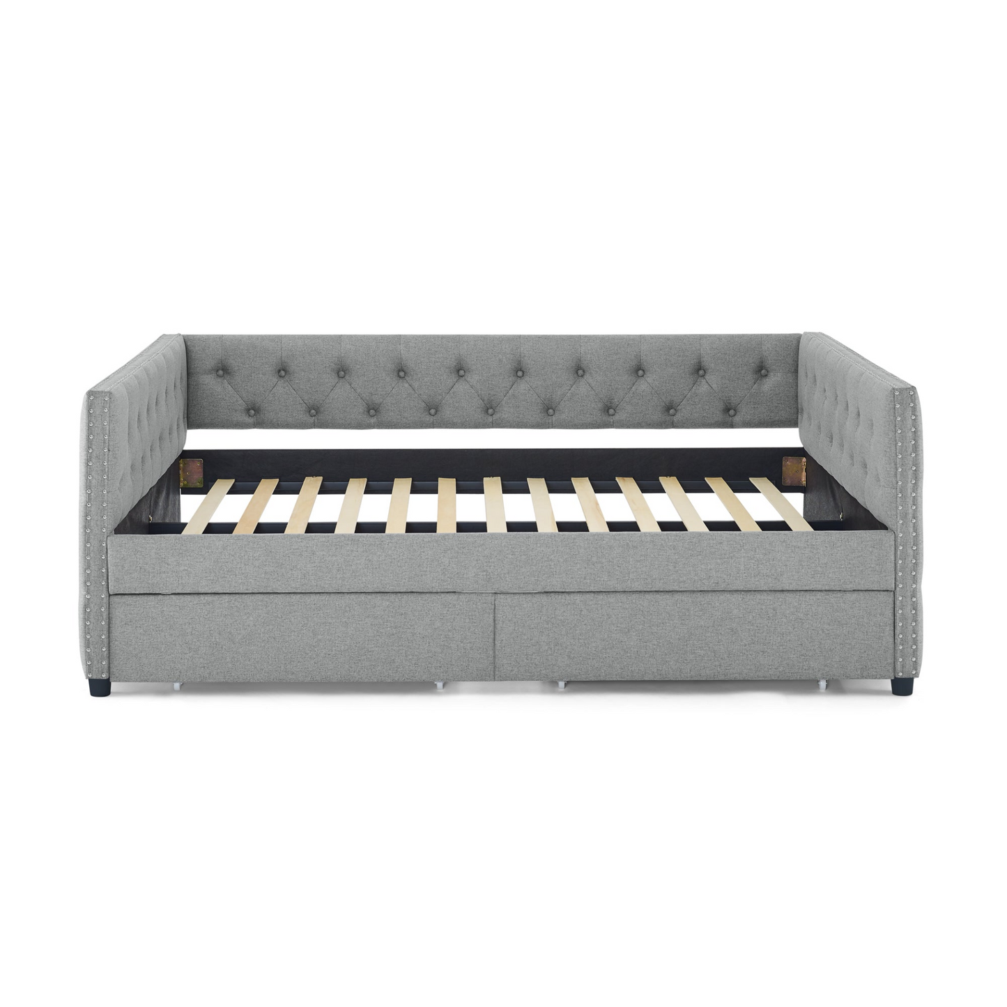 Patio Furntiure Sets | Upholstered Full Size Daybed with Two Drawers, with Button and Copper Nail on Square Arms, Grey (82.75''x58''x30.75'') | casafoyer.myshopify.com