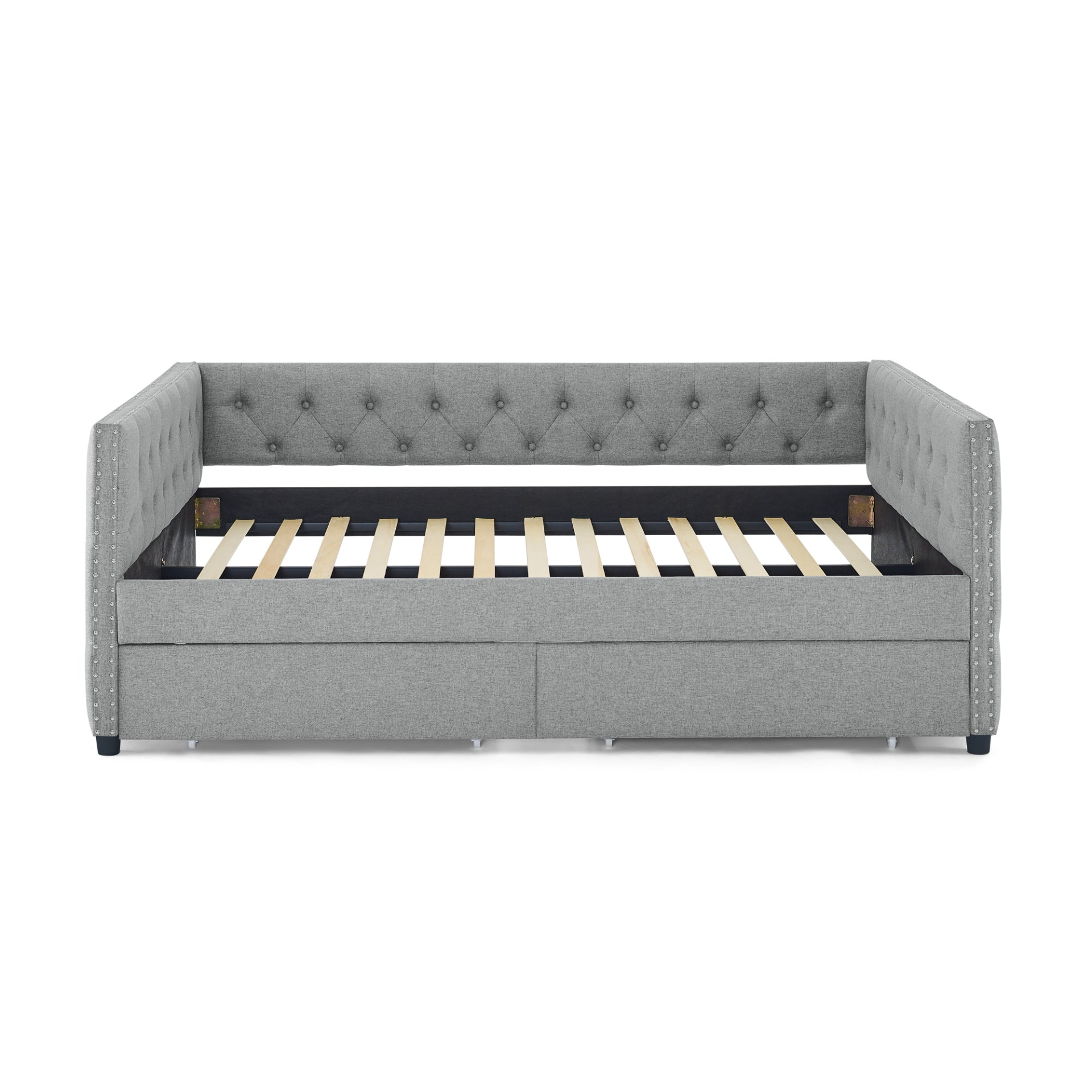 Patio Furntiure Sets | Upholstered Full Size Daybed with Two Drawers, with Button and Copper Nail on Square Arms, Grey (82.75''x58''x30.75'') | casafoyer.myshopify.com