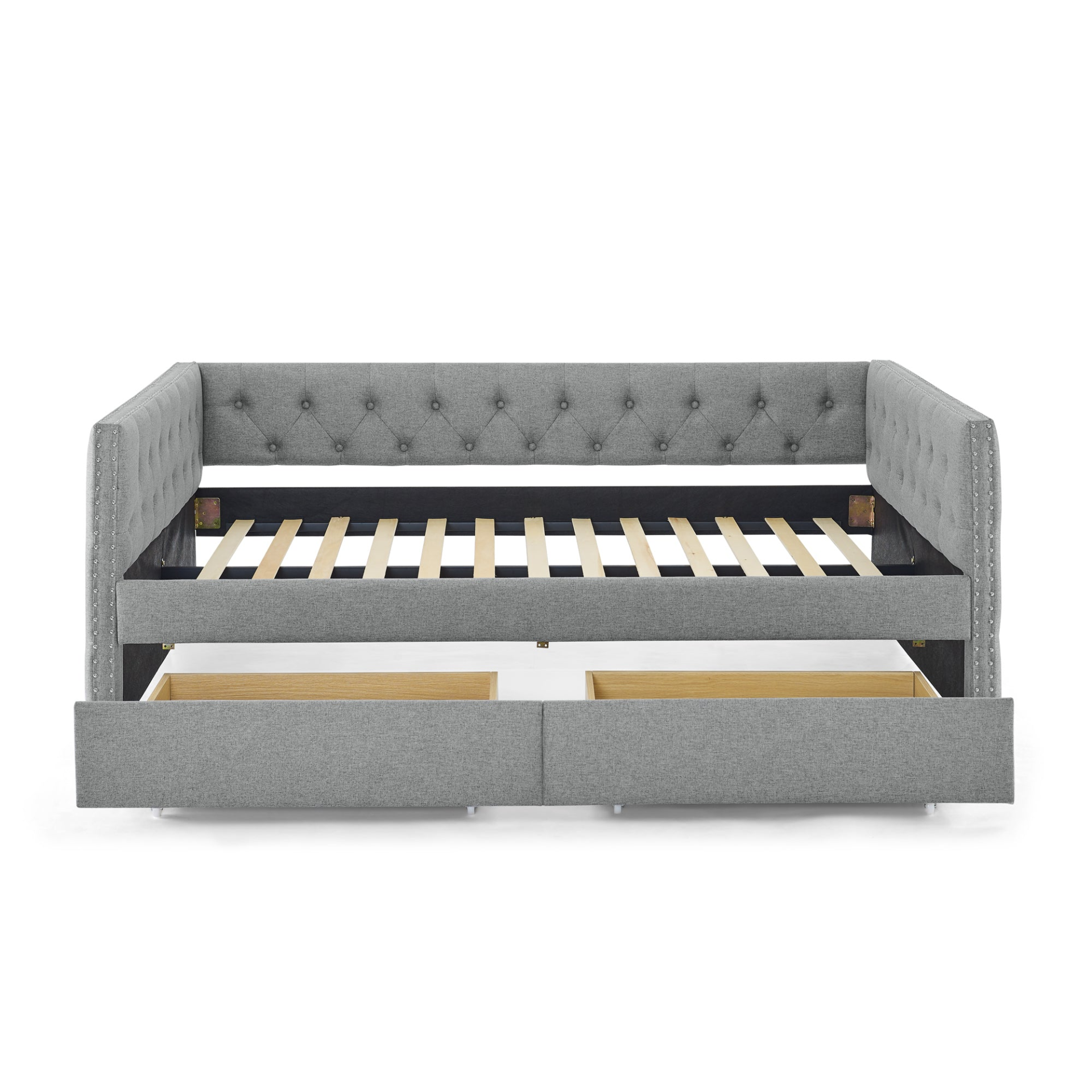 Patio Furntiure Sets | Upholstered Full Size Daybed with Two Drawers, with Button and Copper Nail on Square Arms, Grey (82.75''x58''x30.75'') | casafoyer.myshopify.com