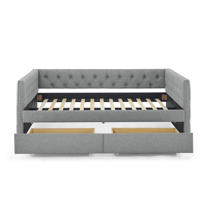 Patio Furntiure Sets | Upholstered Full Size Daybed with Two Drawers, with Button and Copper Nail on Square Arms, Grey (82.75''x58''x30.75'') | casafoyer.myshopify.com