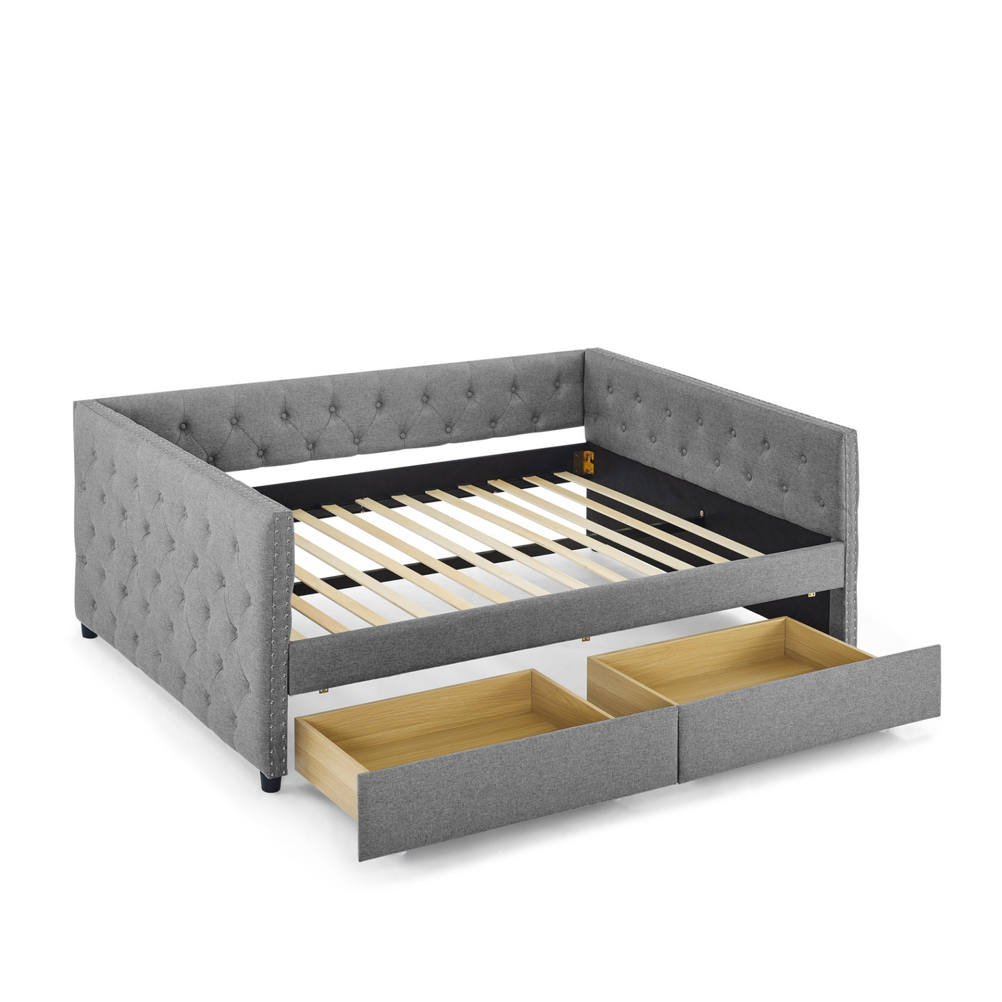 Patio Furntiure Sets | Upholstered Full Size Daybed with Two Drawers, with Button and Copper Nail on Square Arms, Grey (82.75''x58''x30.75'') | casafoyer.myshopify.com