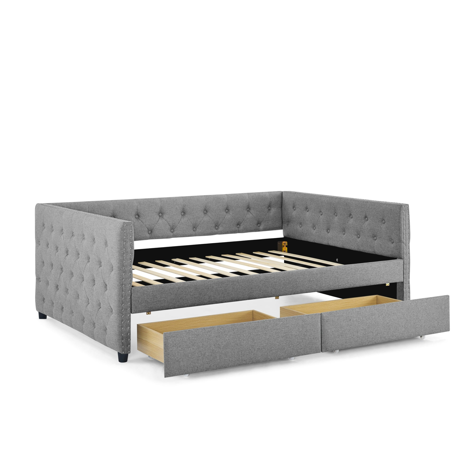 Patio Furntiure Sets | Upholstered Full Size Daybed with Two Drawers, with Button and Copper Nail on Square Arms, Grey (82.75''x58''x30.75'') | casafoyer.myshopify.com