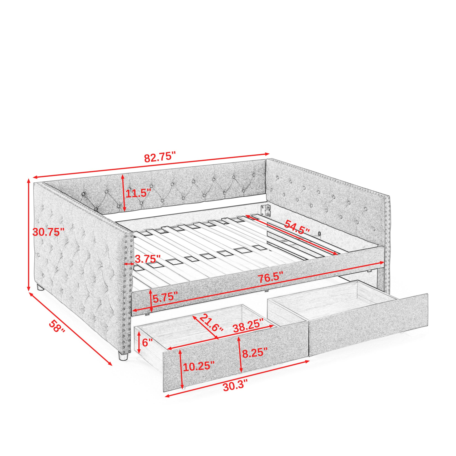 Patio Furntiure Sets | Upholstered Full Size Daybed with Two Drawers, with Button and Copper Nail on Square Arms, Grey (82.75''x58''x30.75'') | casafoyer.myshopify.com