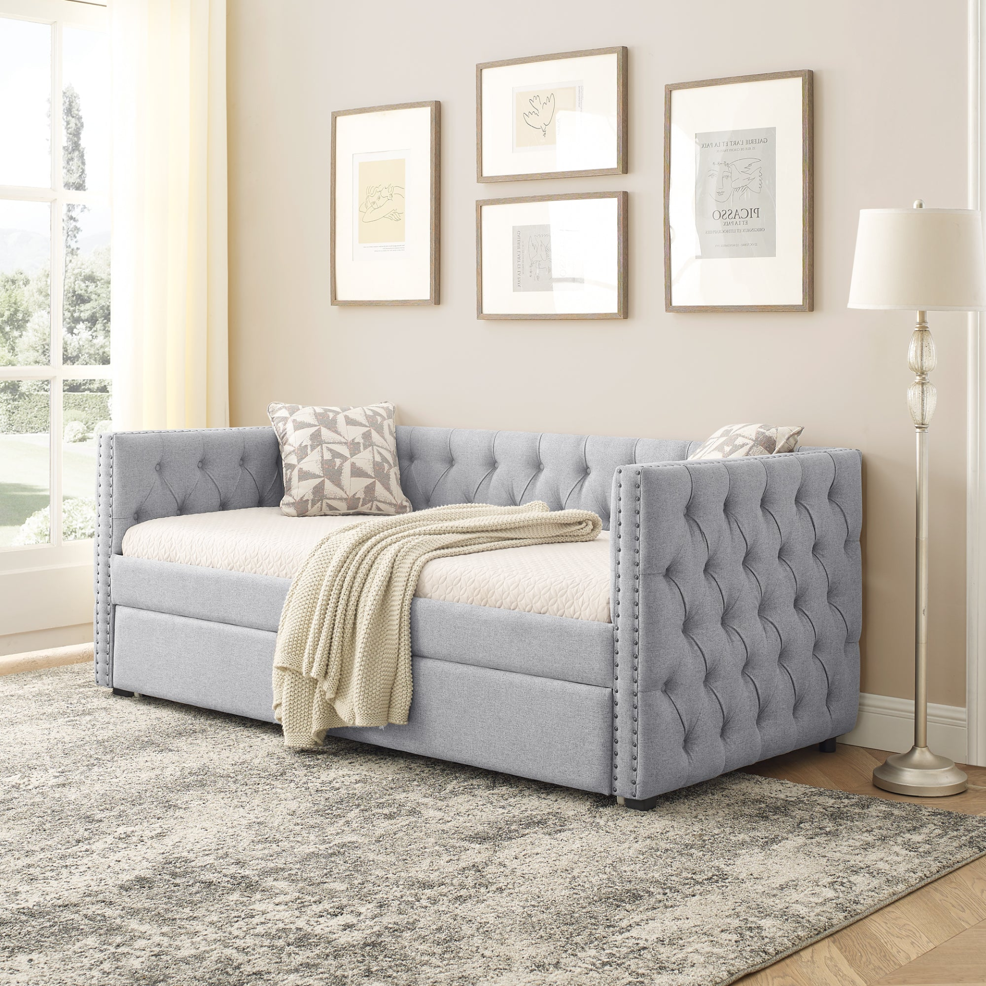 Patio Furntiure Sets | Daybed with Trundle Upholstered Tufted Sofa Bed, with Button and Copper Nail on Square Arms,both Twin Size,Grey(85x42.5x31.5)(Old SKU W487S00045) | casafoyer.myshopify.com