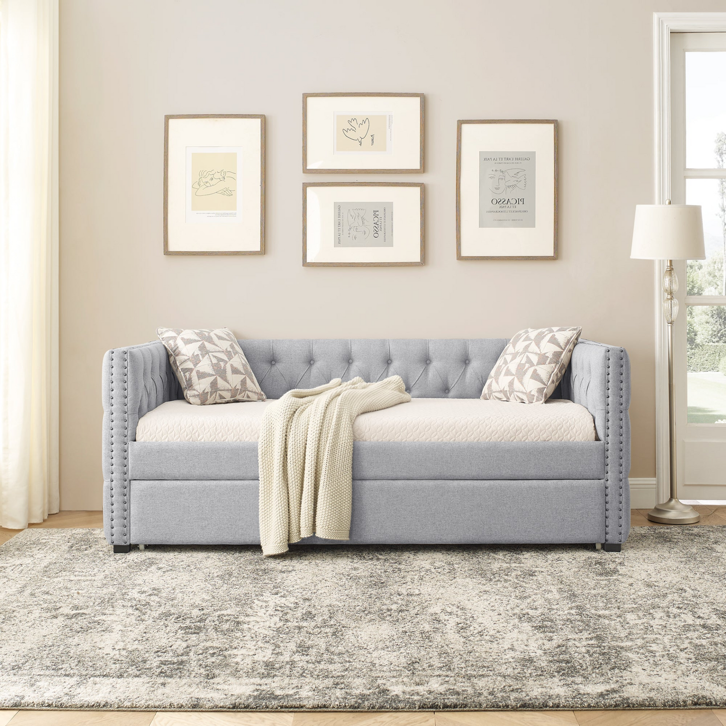 Patio Furntiure Sets | Daybed with Trundle Upholstered Tufted Sofa Bed, with Button and Copper Nail on Square Arms,both Twin Size,Grey(85x42.5x31.5)(Old SKU W487S00045) | casafoyer.myshopify.com