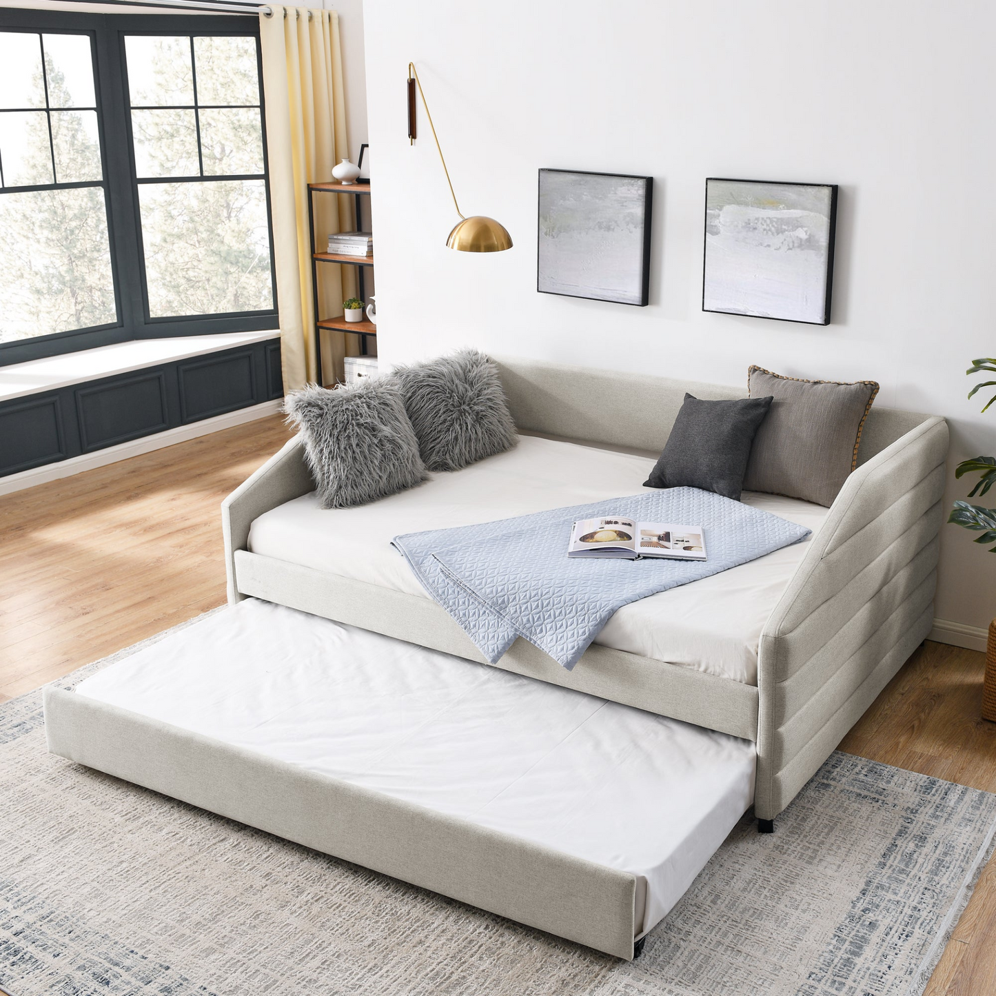 Patio Furntiure Sets | Full Size Daybed with Trundle Upholstered Tufted Sofa Bed, Linen Fabric, Beige (82.5"x58"x34") | casafoyer.myshopify.com