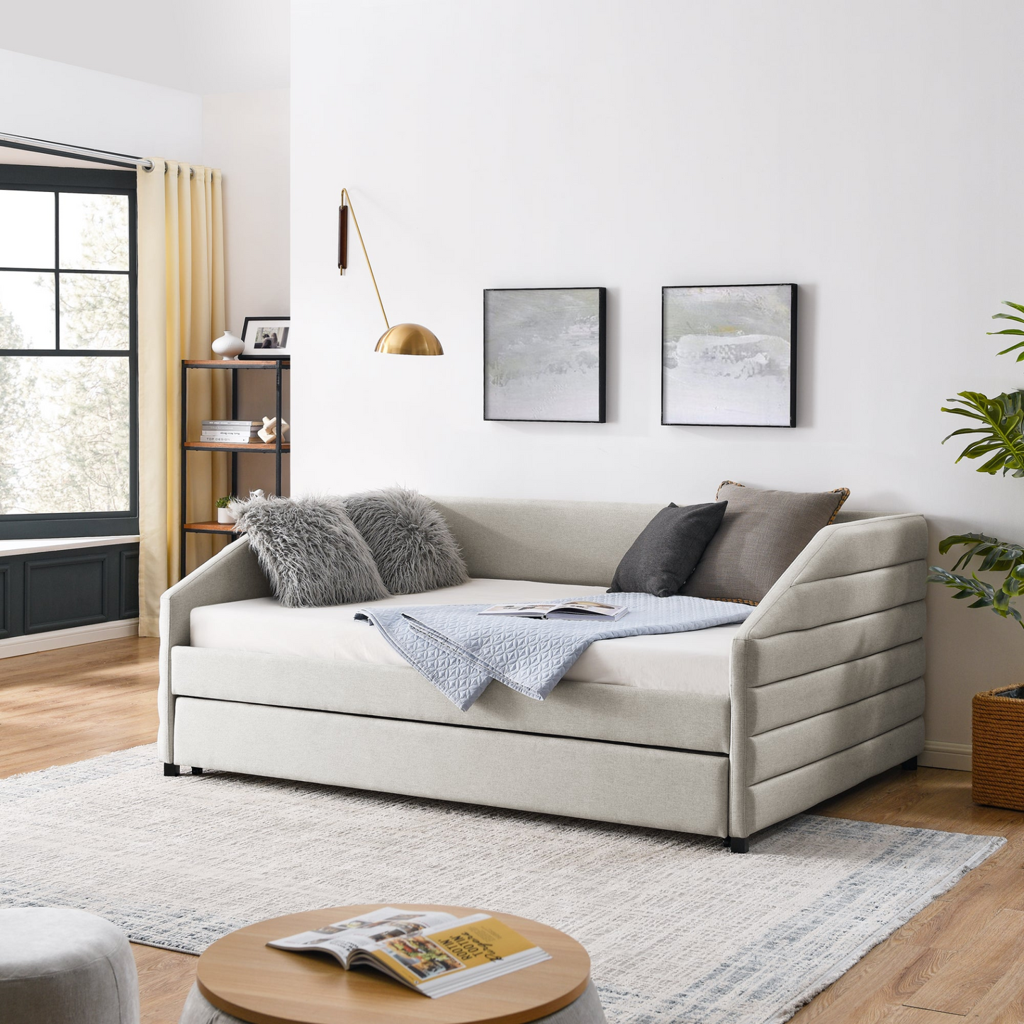 Patio Furntiure Sets | Full Size Daybed with Trundle Upholstered Tufted Sofa Bed, Linen Fabric, Beige (82.5"x58"x34") | casafoyer.myshopify.com