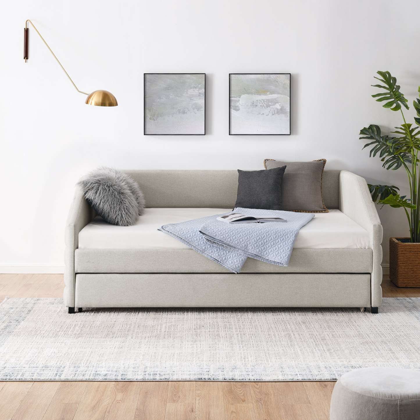 Patio Furntiure Sets | Full Size Daybed with Trundle Upholstered Tufted Sofa Bed, Linen Fabric, Beige (82.5"x58"x34") | casafoyer.myshopify.com