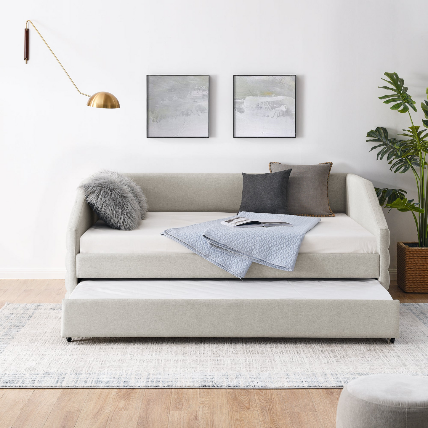 Patio Furntiure Sets | Full Size Daybed with Trundle Upholstered Tufted Sofa Bed, Linen Fabric, Beige (82.5"x58"x34") | casafoyer.myshopify.com