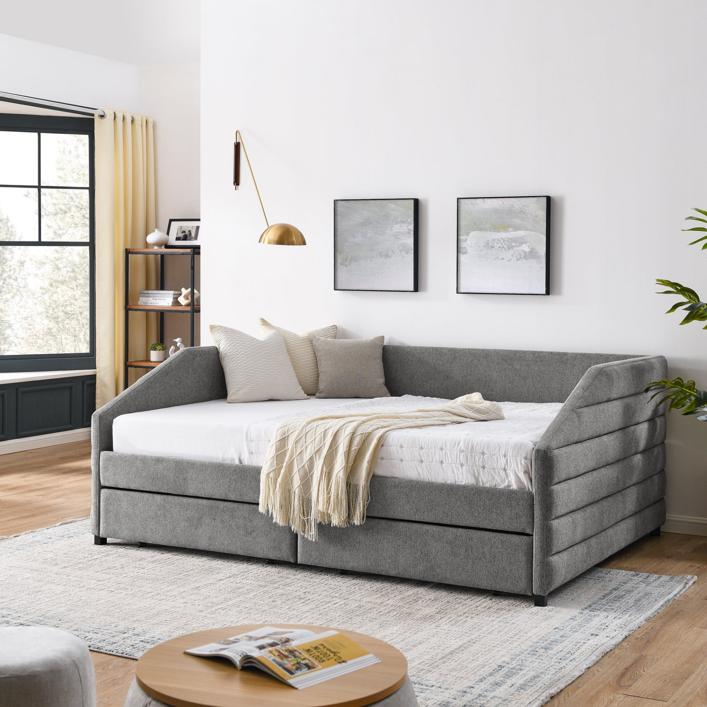 Patio Furntiure Sets | Queen Size Daybed with Two Drawers Trundle Upholstered Sofa Bed, Grey | casafoyer.myshopify.com