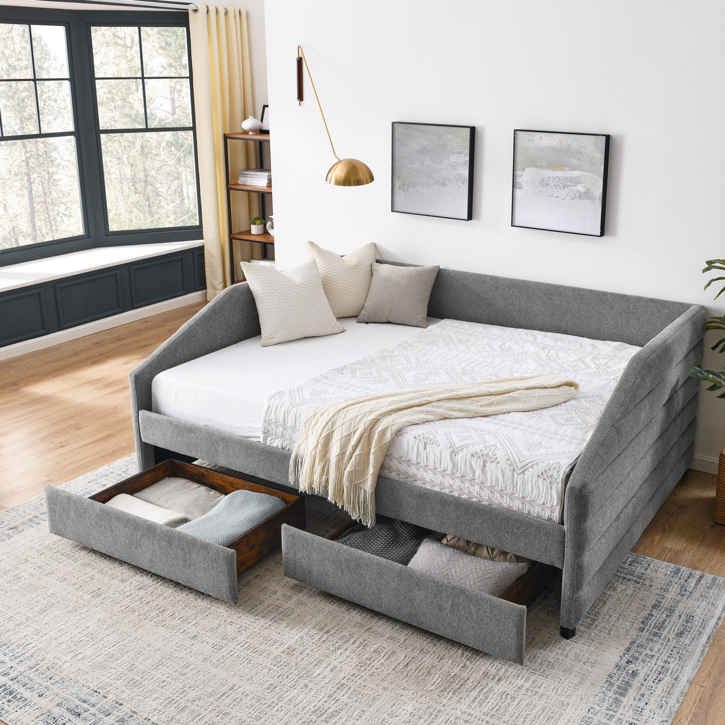 Patio Furntiure Sets | Queen Size Daybed with Two Drawers Trundle Upholstered Sofa Bed, Grey | casafoyer.myshopify.com