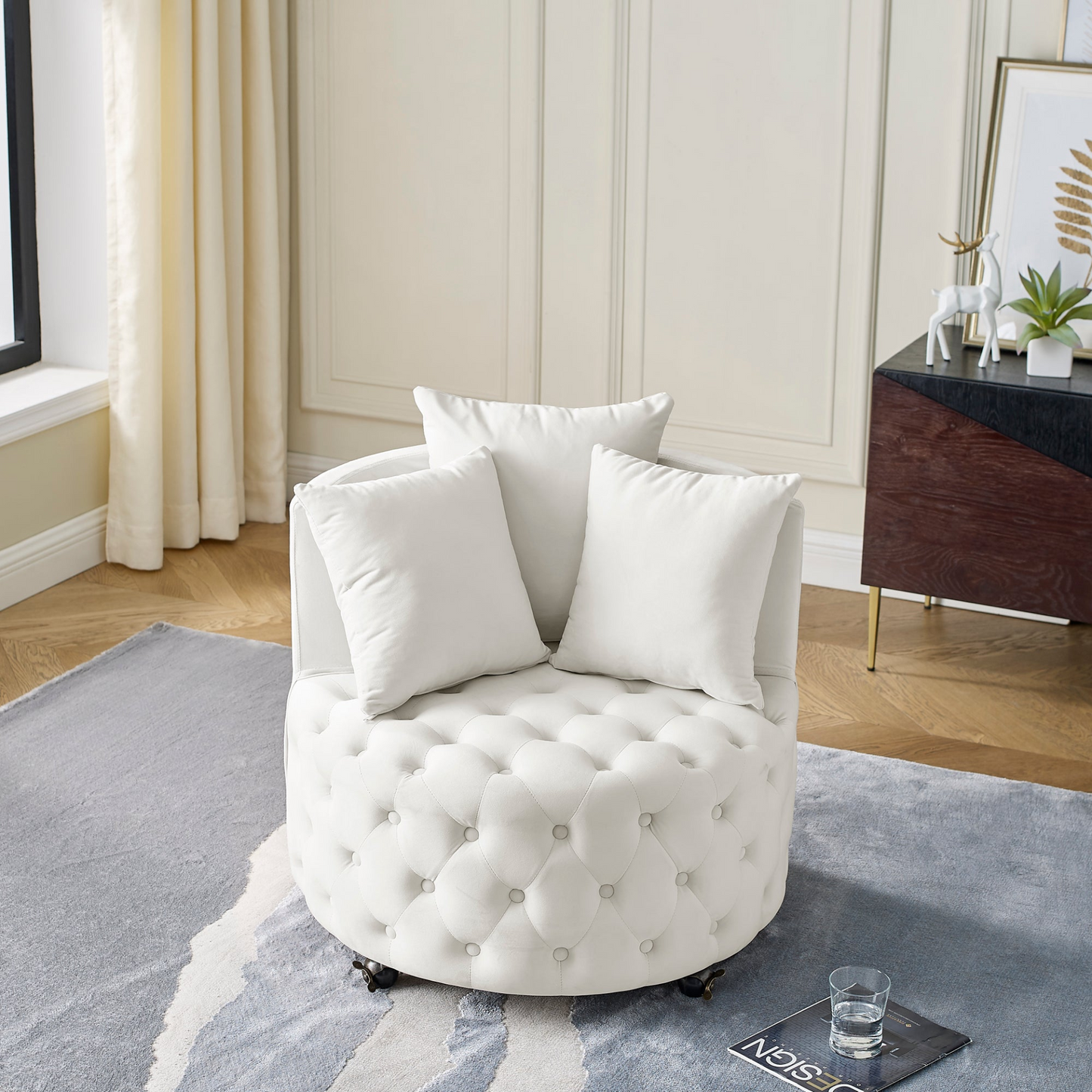 Sofa & Chair sets | Velvet Upholstered Swivel Chair for Living Room, with Button Tufted Design and Movable Wheels, Including 3 Pillows, Beige | casafoyer.myshopify.com