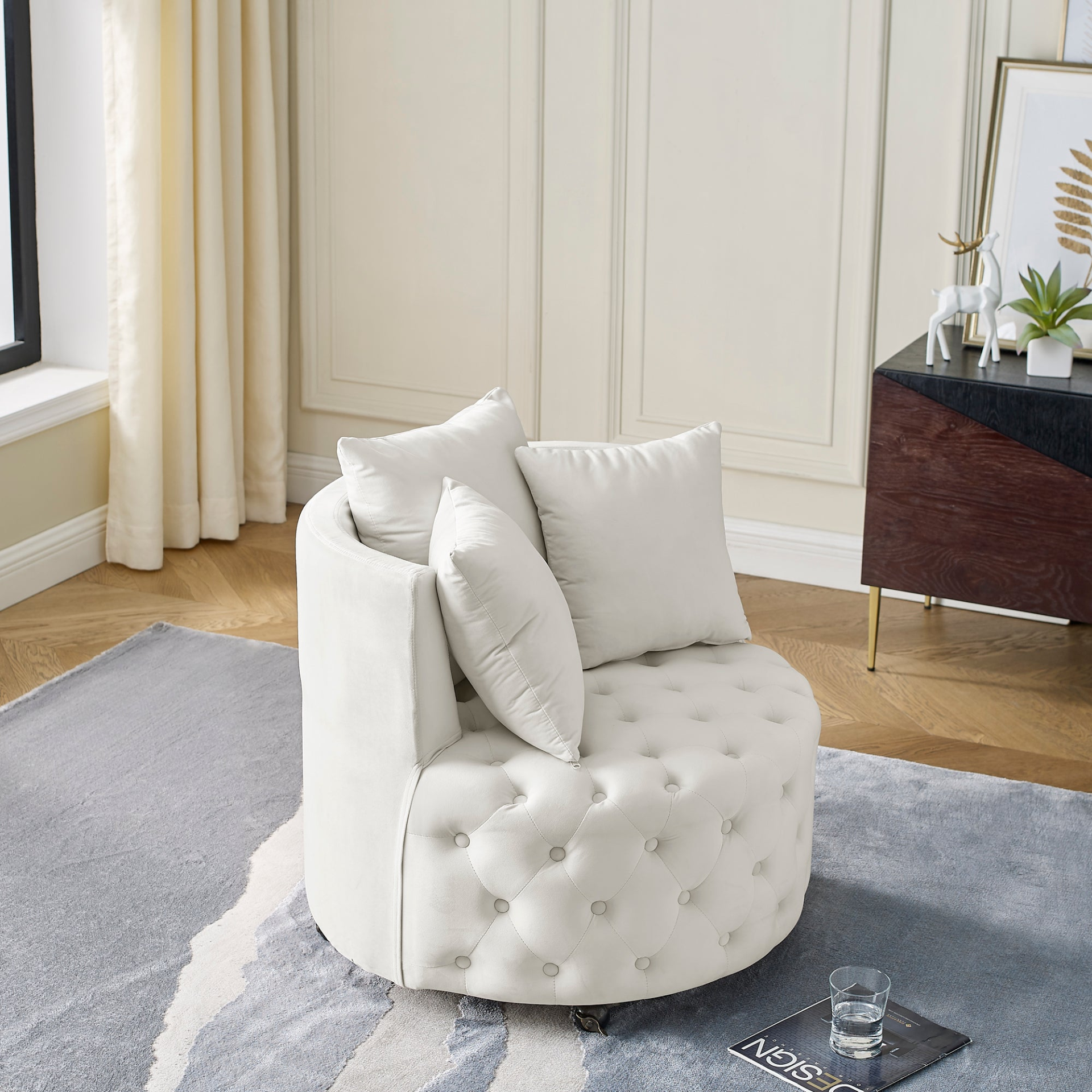 Sofa & Chair sets | Velvet Upholstered Swivel Chair for Living Room, with Button Tufted Design and Movable Wheels, Including 3 Pillows, Beige | casafoyer.myshopify.com