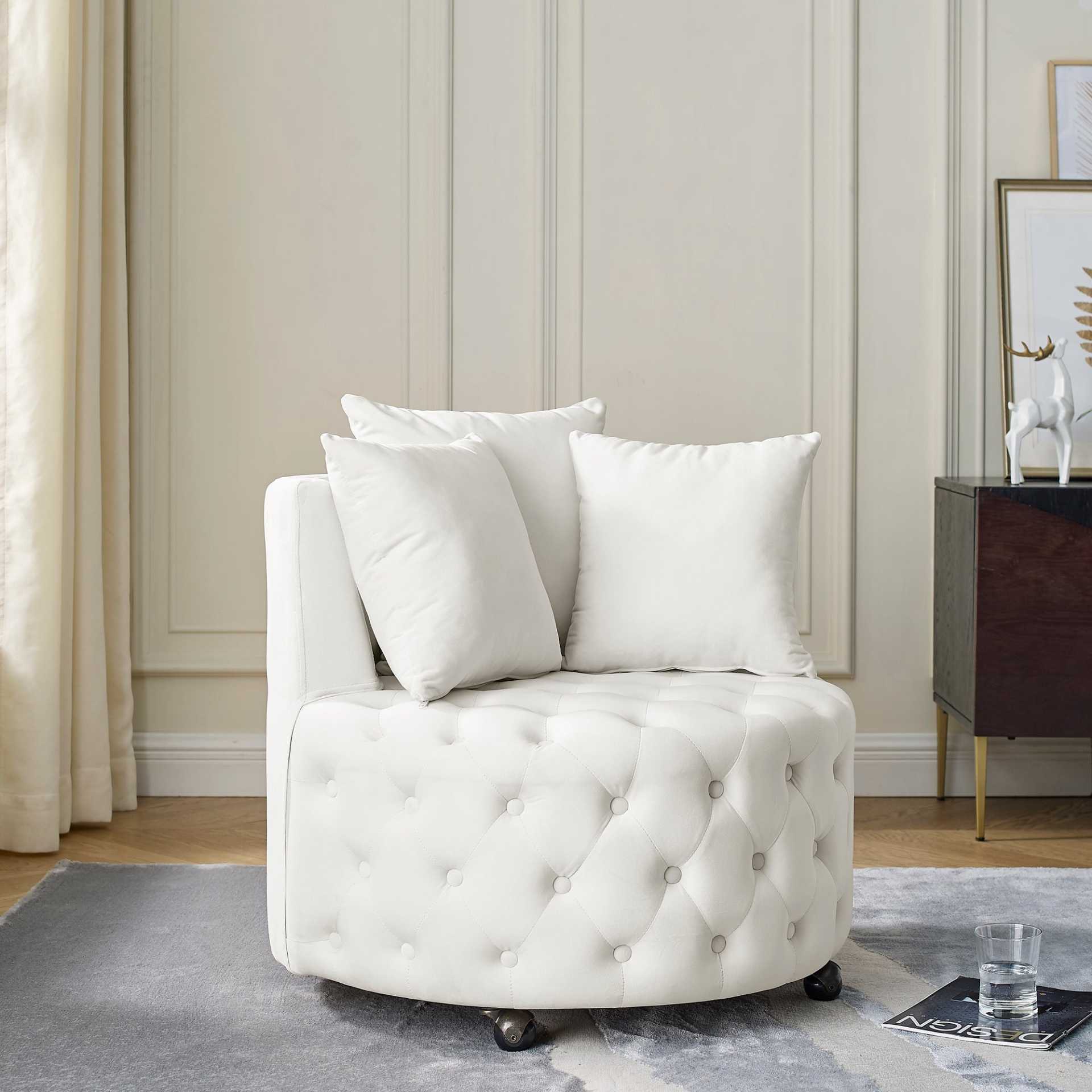 Sofa & Chair sets | Velvet Upholstered Swivel Chair for Living Room, with Button Tufted Design and Movable Wheels, Including 3 Pillows, Beige | casafoyer.myshopify.com