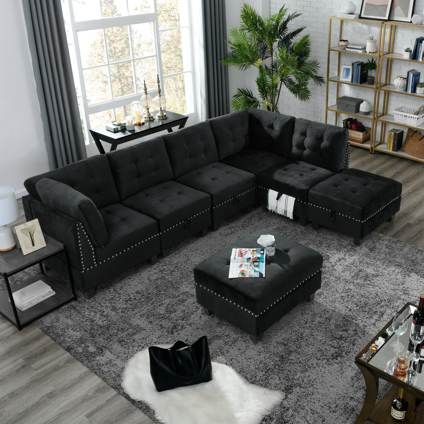 OTTOMAN | Black Velvet Ottoman for Modular Sectional | Spacious Furniture, DIY Combination, Easy to Move | casafoyer.myshopify.com