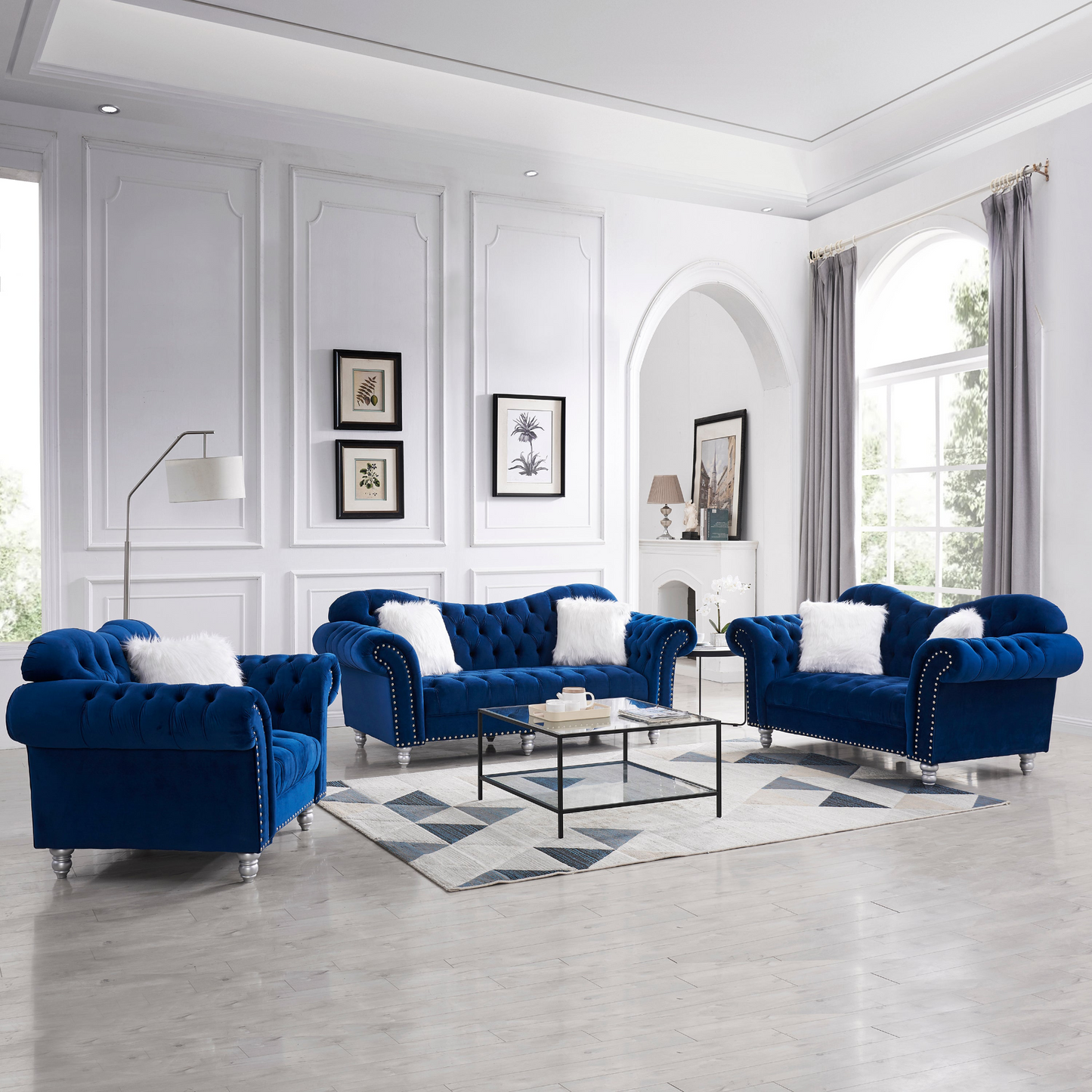 Sofa & Chair sets | 3 Piece Living Room Sofa Set, including 3-Seater Sofa, Loveseat and Sofa Chair, with Button and Copper Nail on Arms and Back, Five White Villose Pillow, Blue. | casafoyer.myshopify.com