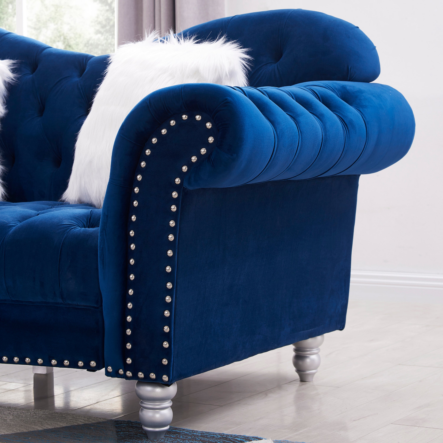 Sofa & Chair sets | 3 Piece Living Room Sofa Set, including 3-Seater Sofa, Loveseat and Sofa Chair, with Button and Copper Nail on Arms and Back, Five White Villose Pillow, Blue. | casafoyer.myshopify.com