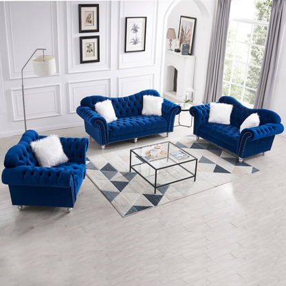 Sofa & Chair sets | 3 Piece Living Room Sofa Set, including 3-Seater Sofa, Loveseat and Sofa Chair, with Button and Copper Nail on Arms and Back, Five White Villose Pillow, Blue. | casafoyer.myshopify.com