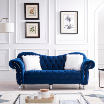 Sofa & Chair sets | 3 Piece Living Room Sofa Set, including 3-Seater Sofa, Loveseat and Sofa Chair, with Button and Copper Nail on Arms and Back, Five White Villose Pillow, Blue. | casafoyer.myshopify.com