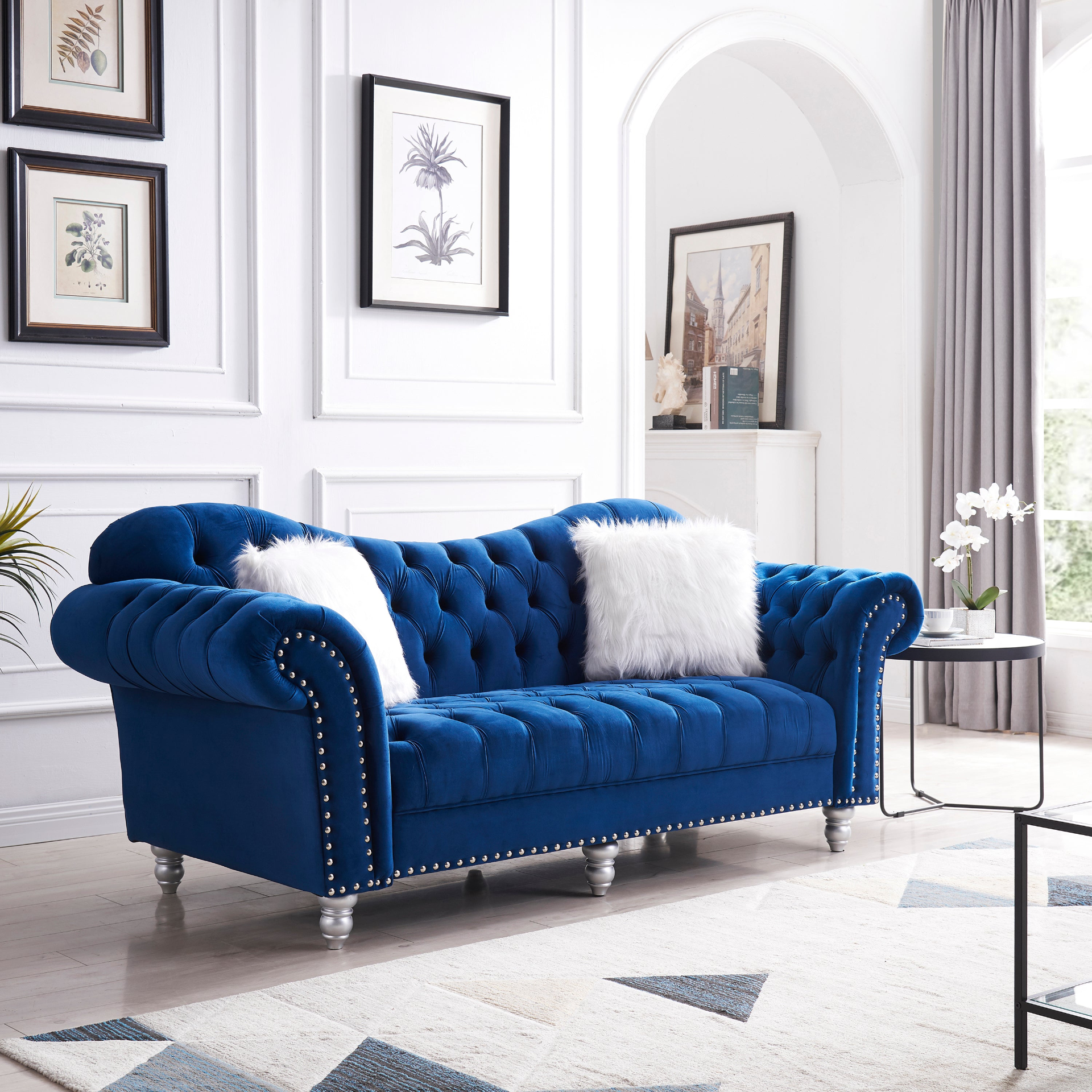 Sofa & Chair sets | 3 Piece Living Room Sofa Set, including 3-Seater Sofa, Loveseat and Sofa Chair, with Button and Copper Nail on Arms and Back, Five White Villose Pillow, Blue. | casafoyer.myshopify.com