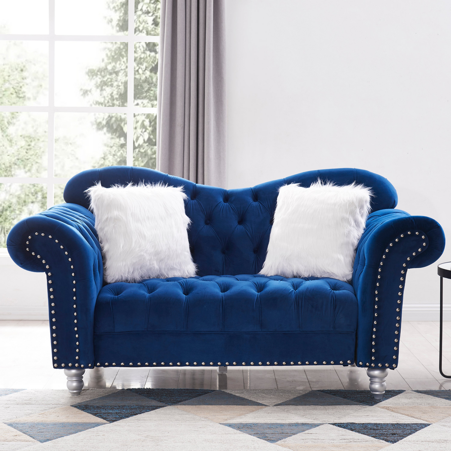 Sofa & Chair sets | 3 Piece Living Room Sofa Set, including 3-Seater Sofa, Loveseat and Sofa Chair, with Button and Copper Nail on Arms and Back, Five White Villose Pillow, Blue. | casafoyer.myshopify.com