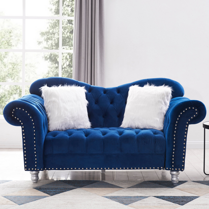 Sofa & Chair sets | 3 Piece Living Room Sofa Set, including 3-Seater Sofa, Loveseat and Sofa Chair, with Button and Copper Nail on Arms and Back, Five White Villose Pillow, Blue. | casafoyer.myshopify.com