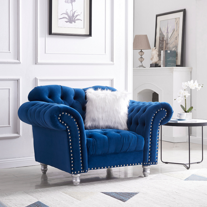 Sofa & Chair sets | 3 Piece Living Room Sofa Set, including 3-Seater Sofa, Loveseat and Sofa Chair, with Button and Copper Nail on Arms and Back, Five White Villose Pillow, Blue. | casafoyer.myshopify.com