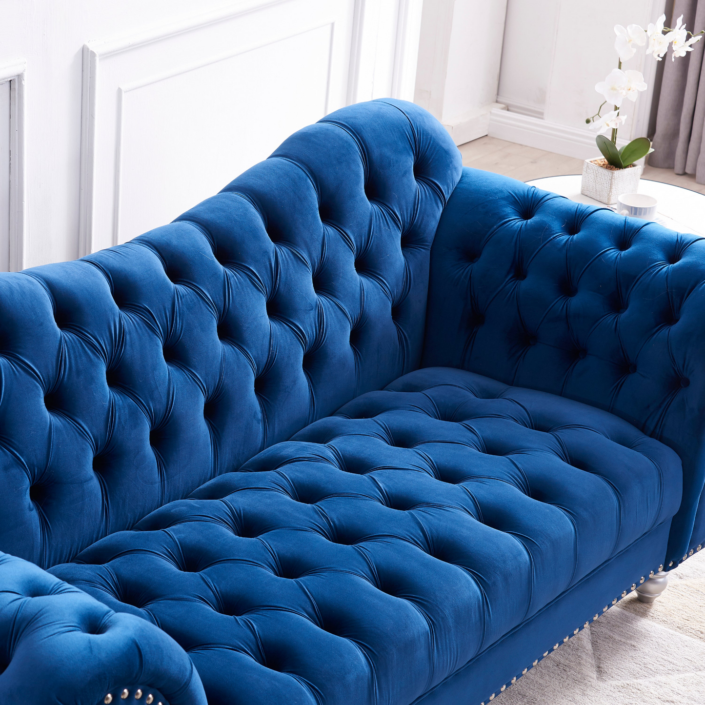Sofa & Chair sets | 3 Piece Living Room Sofa Set, including 3-Seater Sofa, Loveseat and Sofa Chair, with Button and Copper Nail on Arms and Back, Five White Villose Pillow, Blue. | casafoyer.myshopify.com