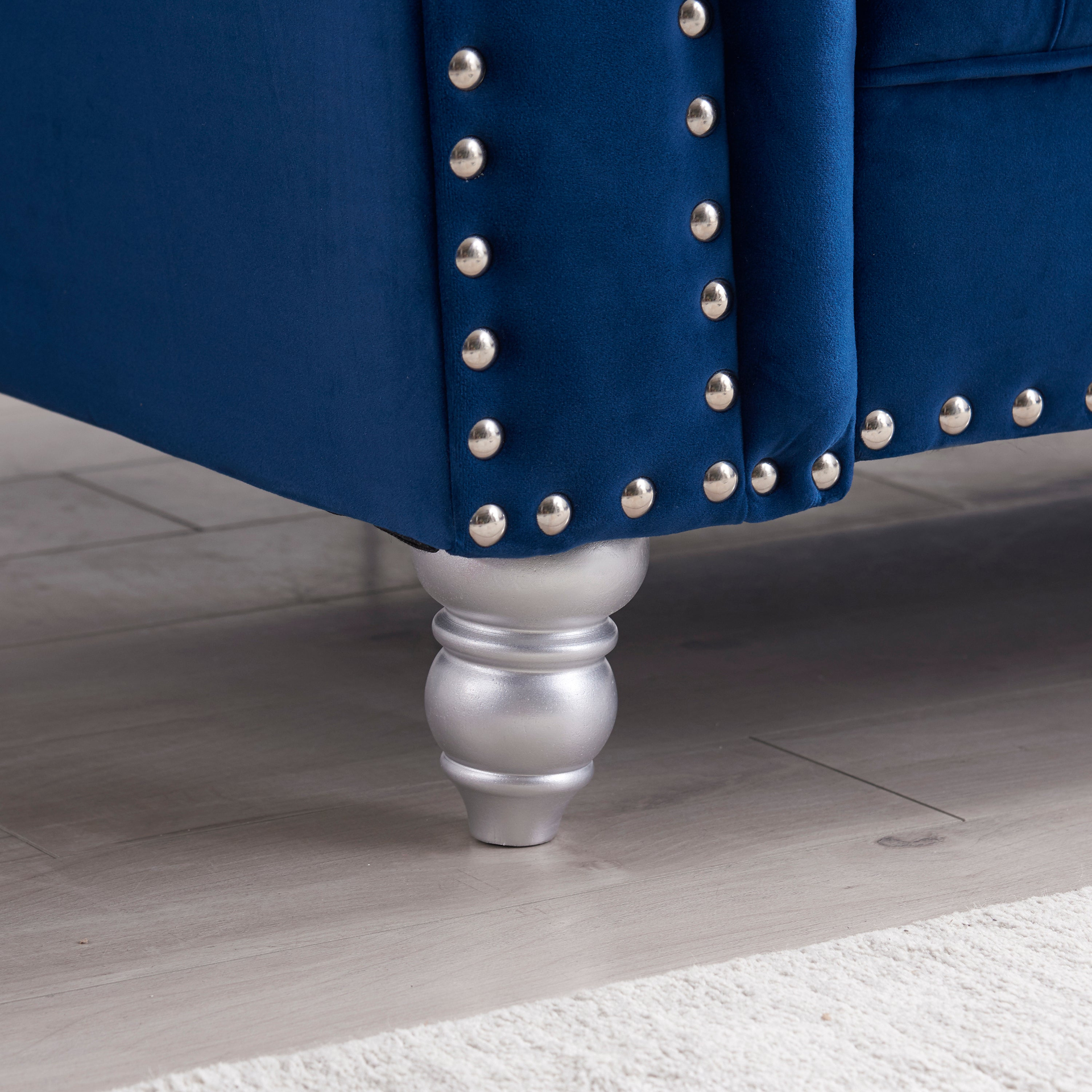 Sofa & Chair sets | 3 Piece Living Room Sofa Set, including 3-Seater Sofa, Loveseat and Sofa Chair, with Button and Copper Nail on Arms and Back, Five White Villose Pillow, Blue. | casafoyer.myshopify.com
