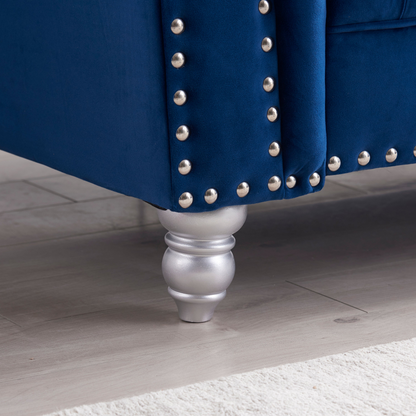 Sofa & Chair sets | 3 Piece Living Room Sofa Set, including 3-Seater Sofa, Loveseat and Sofa Chair, with Button and Copper Nail on Arms and Back, Five White Villose Pillow, Blue. | casafoyer.myshopify.com