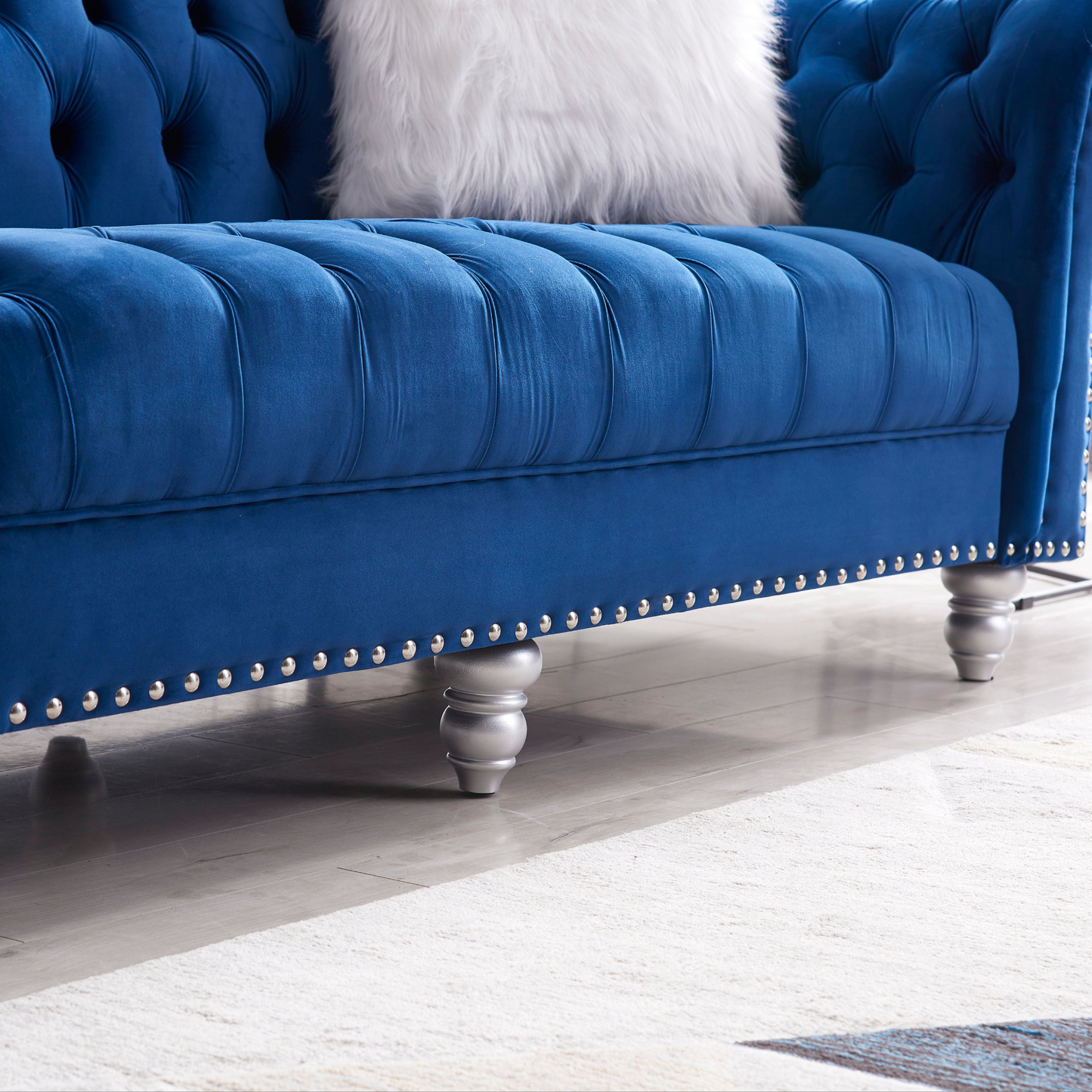 Sofa & Chair sets | 3 Piece Living Room Sofa Set, including 3-Seater Sofa, Loveseat and Sofa Chair, with Button and Copper Nail on Arms and Back, Five White Villose Pillow, Blue. | casafoyer.myshopify.com