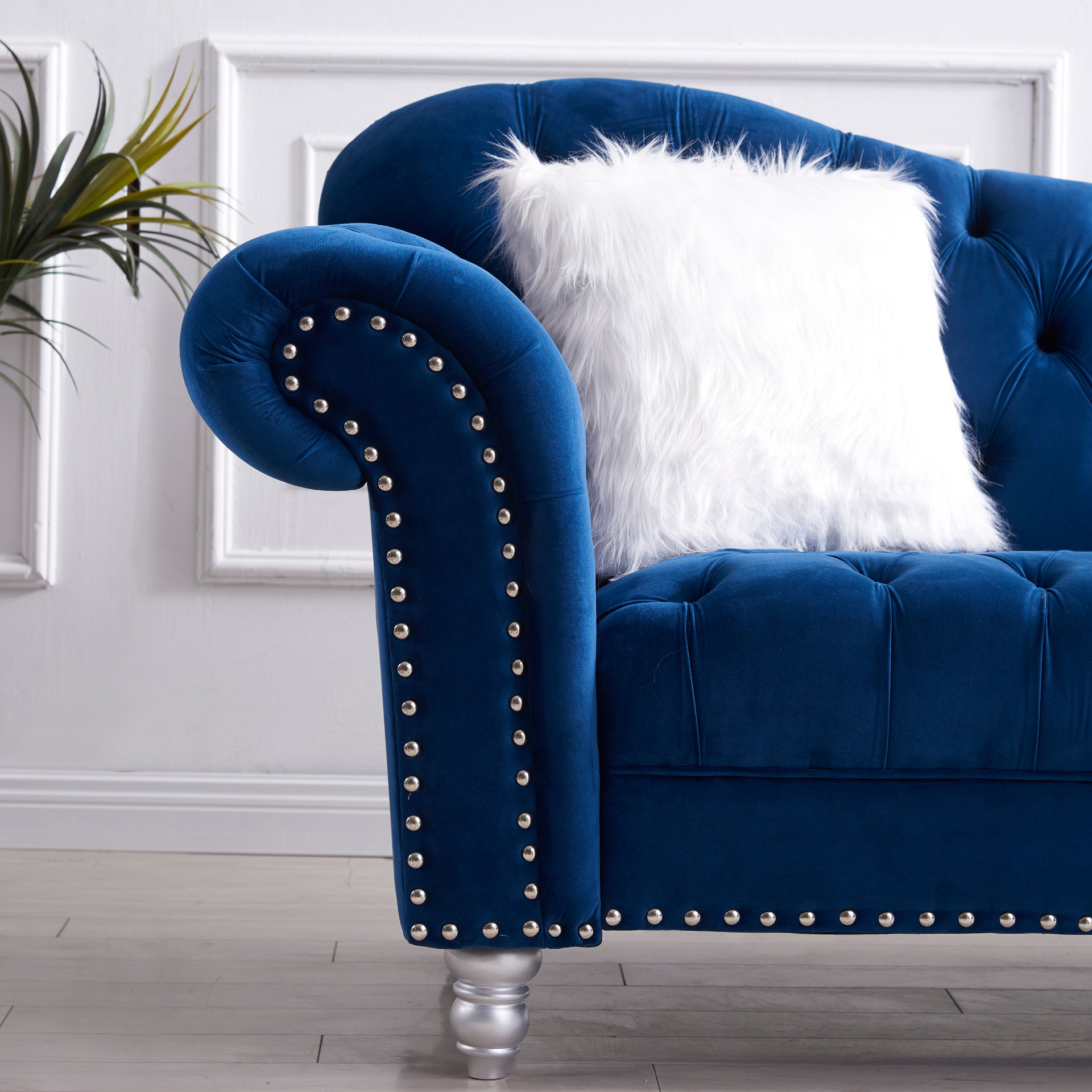 Sofa & Chair sets | 3 Piece Living Room Sofa Set, including 3-Seater Sofa, Loveseat and Sofa Chair, with Button and Copper Nail on Arms and Back, Five White Villose Pillow, Blue. | casafoyer.myshopify.com