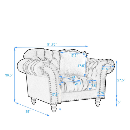 Sofa & Chair sets | 3 Piece Living Room Sofa Set, including 3-Seater Sofa, Loveseat and Sofa Chair, with Button and Copper Nail on Arms and Back, Five White Villose Pillow, Blue. | casafoyer.myshopify.com
