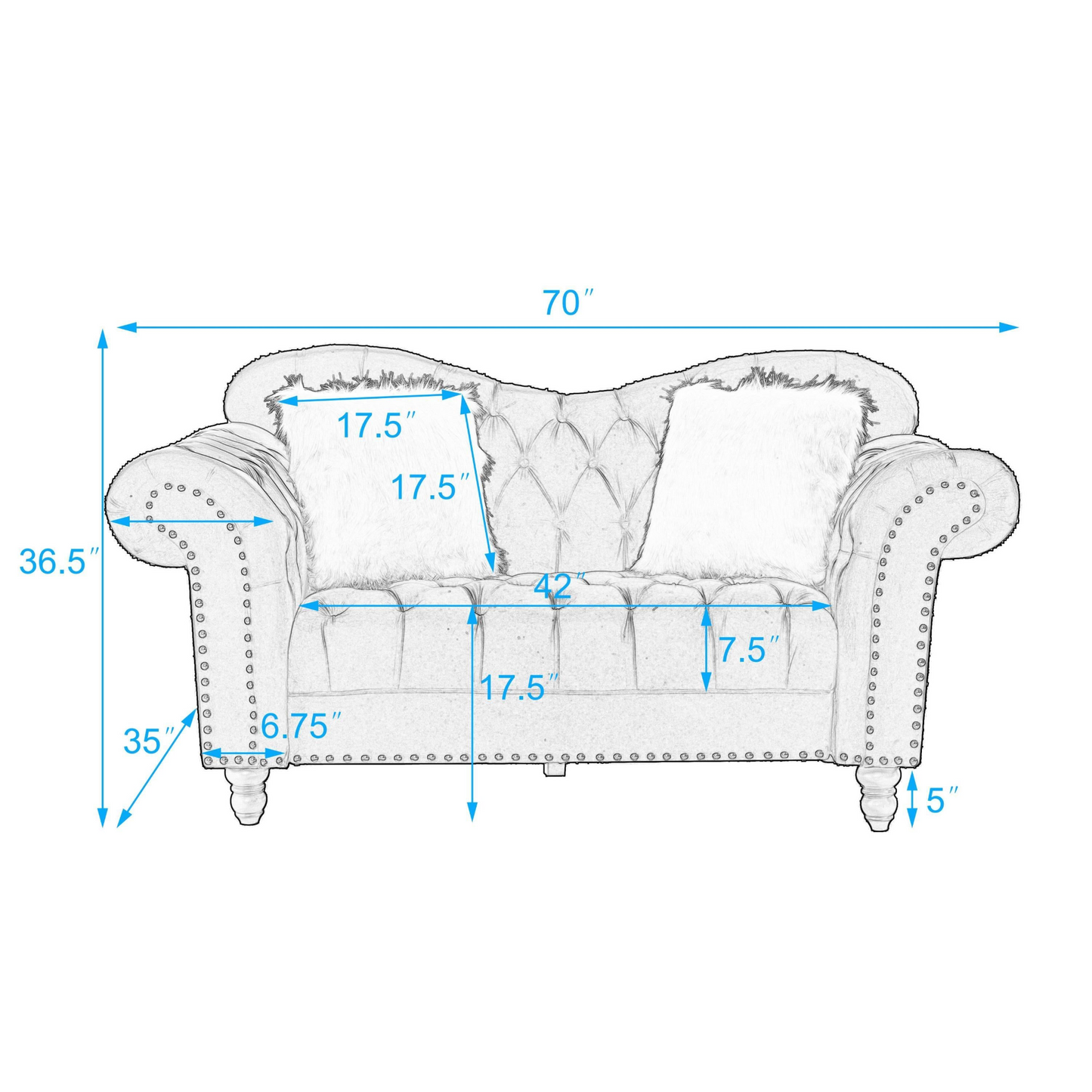 Sofa & Chair sets | 3 Piece Living Room Sofa Set, including 3-Seater Sofa, Loveseat and Sofa Chair, with Button and Copper Nail on Arms and Back, Five White Villose Pillow, Blue. | casafoyer.myshopify.com