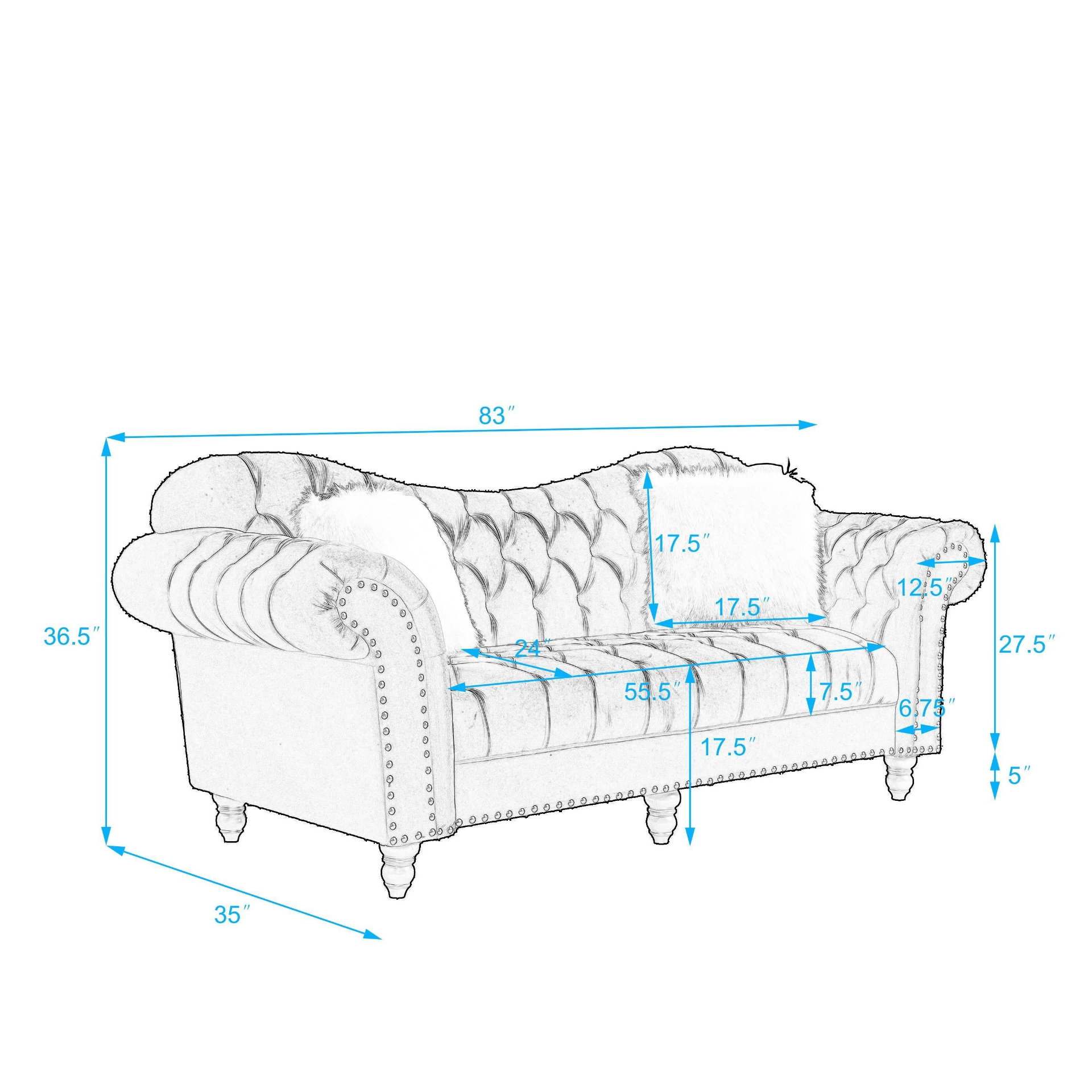 Sofa & Chair sets | 3 Piece Living Room Sofa Set, including 3-Seater Sofa, Loveseat and Sofa Chair, with Button and Copper Nail on Arms and Back, Five White Villose Pillow, Blue. | casafoyer.myshopify.com