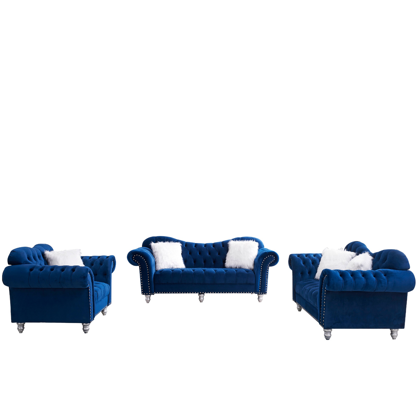 Sofa & Chair sets | 3 Piece Living Room Sofa Set, including 3-Seater Sofa, Loveseat and Sofa Chair, with Button and Copper Nail on Arms and Back, Five White Villose Pillow, Blue. | casafoyer.myshopify.com
