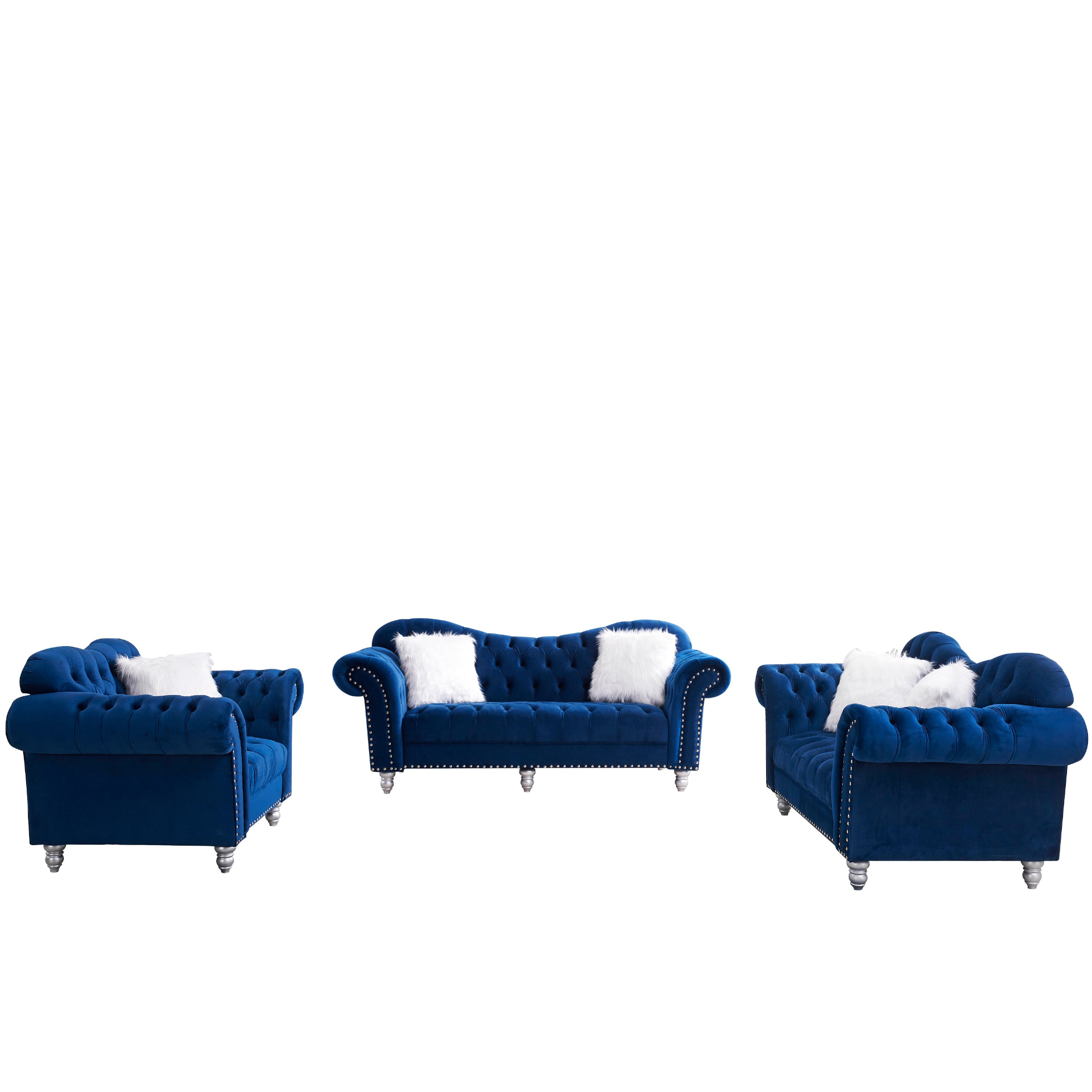 Sofa & Chair sets | 3 Piece Living Room Sofa Set, including 3-Seater Sofa, Loveseat and Sofa Chair, with Button and Copper Nail on Arms and Back, Five White Villose Pillow, Blue. | casafoyer.myshopify.com