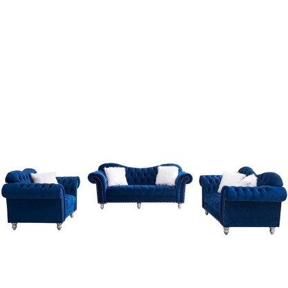 Sofa & Chair sets | 3 Piece Living Room Sofa Set, including 3-Seater Sofa, Loveseat and Sofa Chair, with Button and Copper Nail on Arms and Back, Five White Villose Pillow, Blue. | casafoyer.myshopify.com