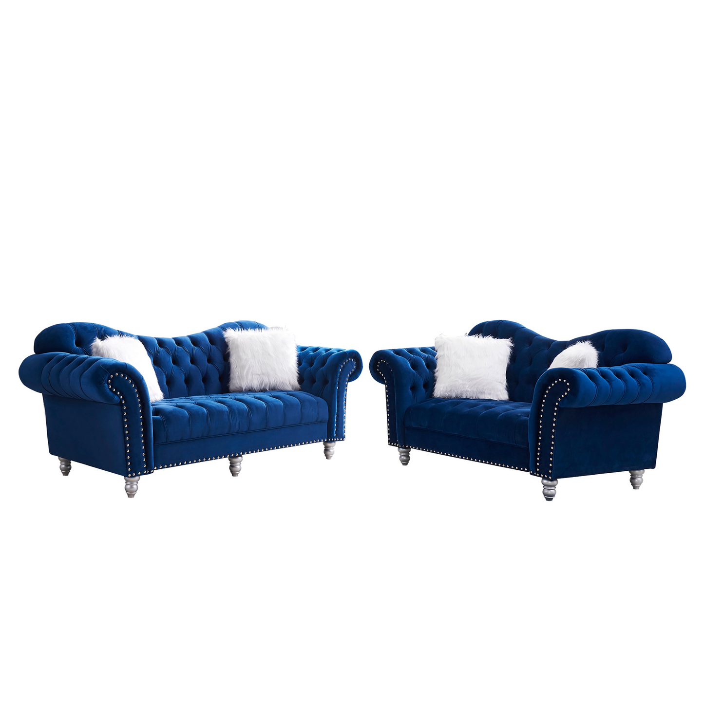 Sofa & Chair sets | 3 Piece Living Room Sofa Set, including 3-Seater Sofa, Loveseat and Sofa Chair, with Button and Copper Nail on Arms and Back, Five White Villose Pillow, Blue. | casafoyer.myshopify.com