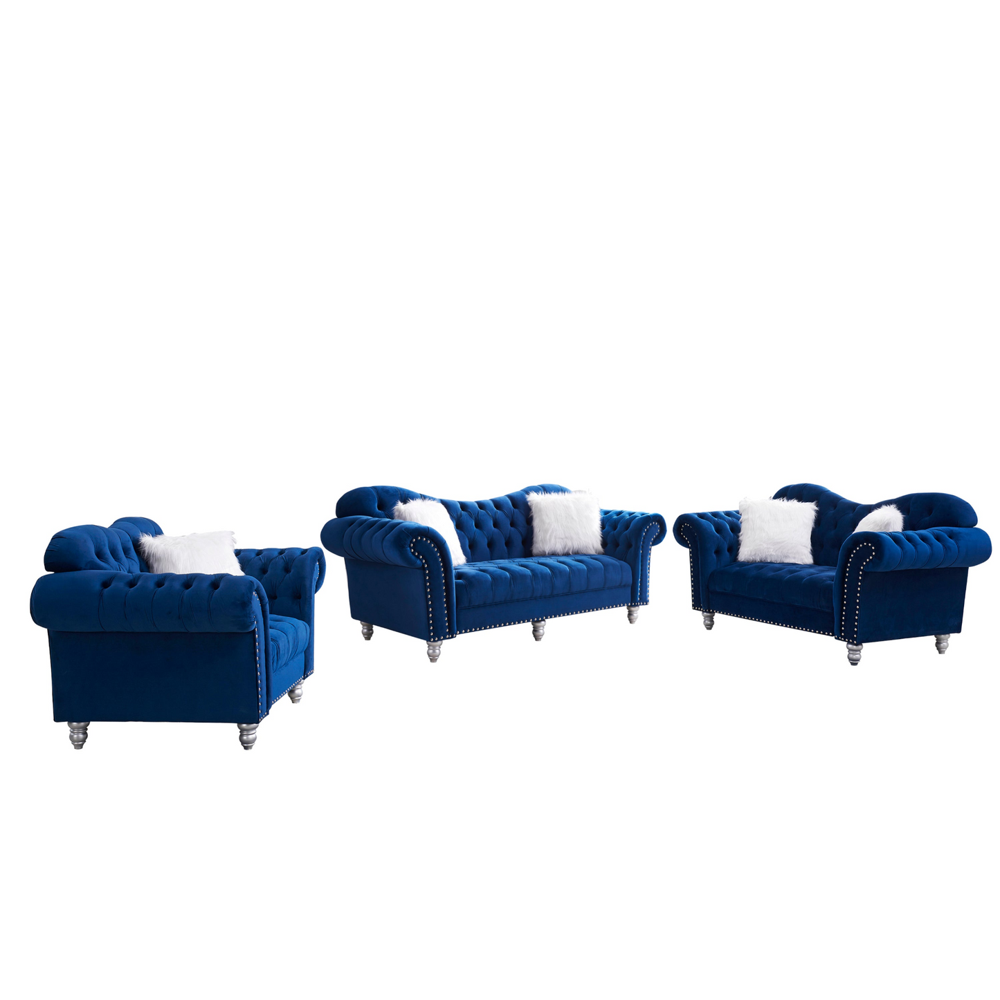 Sofa & Chair sets | 3 Piece Living Room Sofa Set, including 3-Seater Sofa, Loveseat and Sofa Chair, with Button and Copper Nail on Arms and Back, Five White Villose Pillow, Blue. | casafoyer.myshopify.com