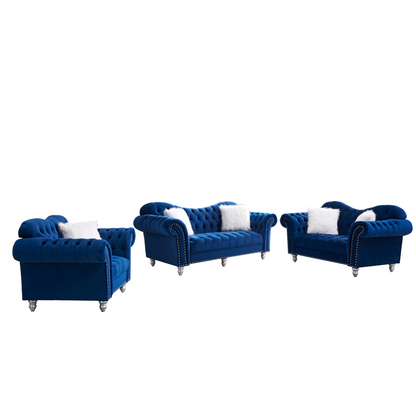 Sofa & Chair sets | 3 Piece Living Room Sofa Set, including 3-Seater Sofa, Loveseat and Sofa Chair, with Button and Copper Nail on Arms and Back, Five White Villose Pillow, Blue. | casafoyer.myshopify.com