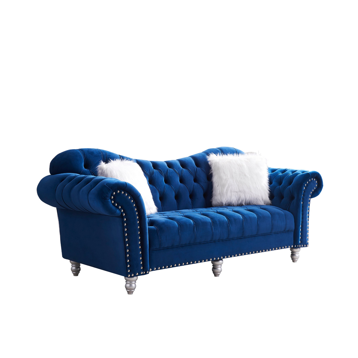 Sofa & Chair sets | 3 Piece Living Room Sofa Set, including 3-Seater Sofa, Loveseat and Sofa Chair, with Button and Copper Nail on Arms and Back, Five White Villose Pillow, Blue. | casafoyer.myshopify.com