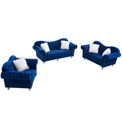 Sofa & Chair sets | 3 Piece Living Room Sofa Set, including 3-Seater Sofa, Loveseat and Sofa Chair, with Button and Copper Nail on Arms and Back, Five White Villose Pillow, Blue. | casafoyer.myshopify.com