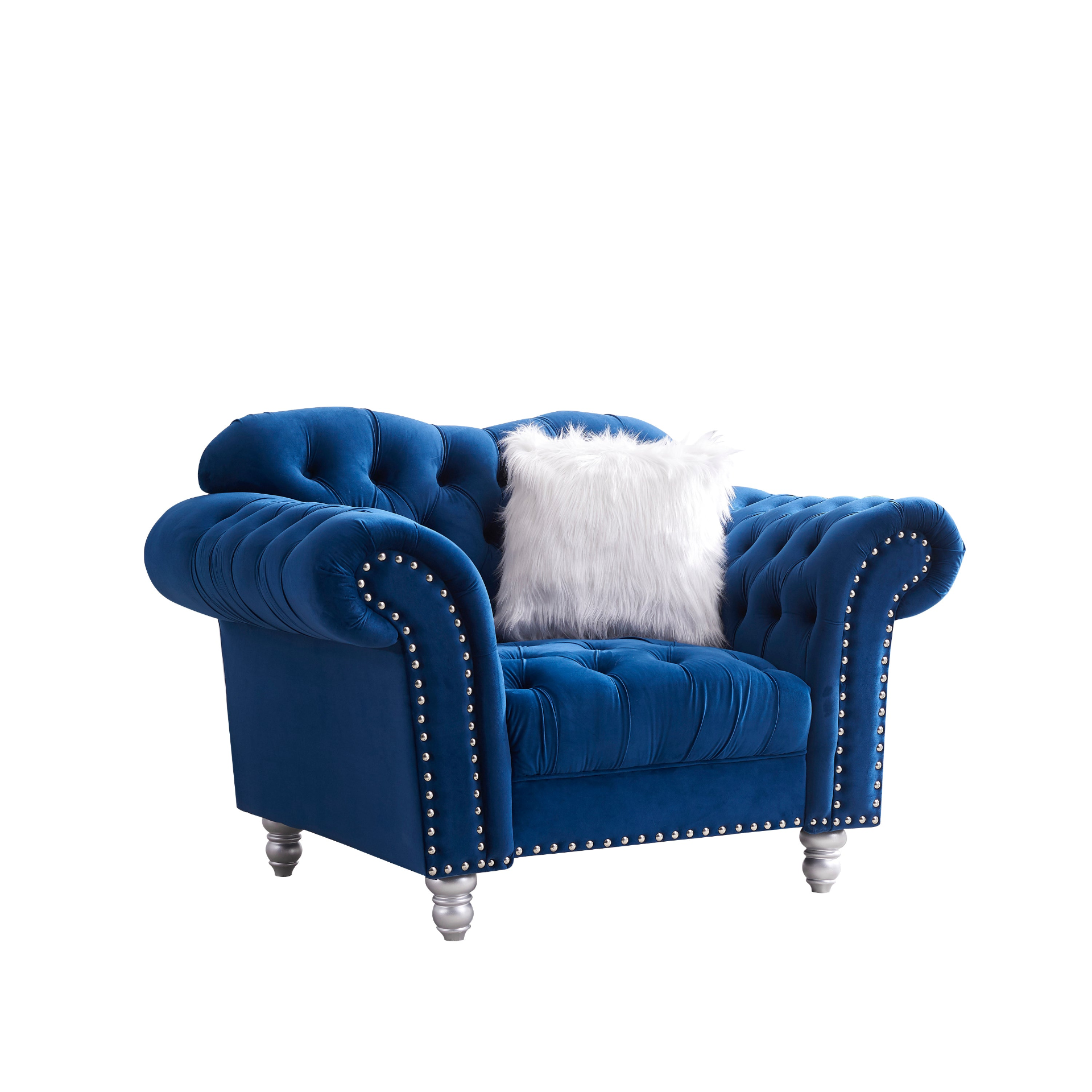 Sofa & Chair sets | 3 Piece Living Room Sofa Set, including 3-Seater Sofa, Loveseat and Sofa Chair, with Button and Copper Nail on Arms and Back, Five White Villose Pillow, Blue. | casafoyer.myshopify.com