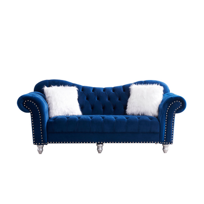 Sofa & Chair sets | 3 Piece Living Room Sofa Set, including 3-Seater Sofa, Loveseat and Sofa Chair, with Button and Copper Nail on Arms and Back, Five White Villose Pillow, Blue. | casafoyer.myshopify.com
