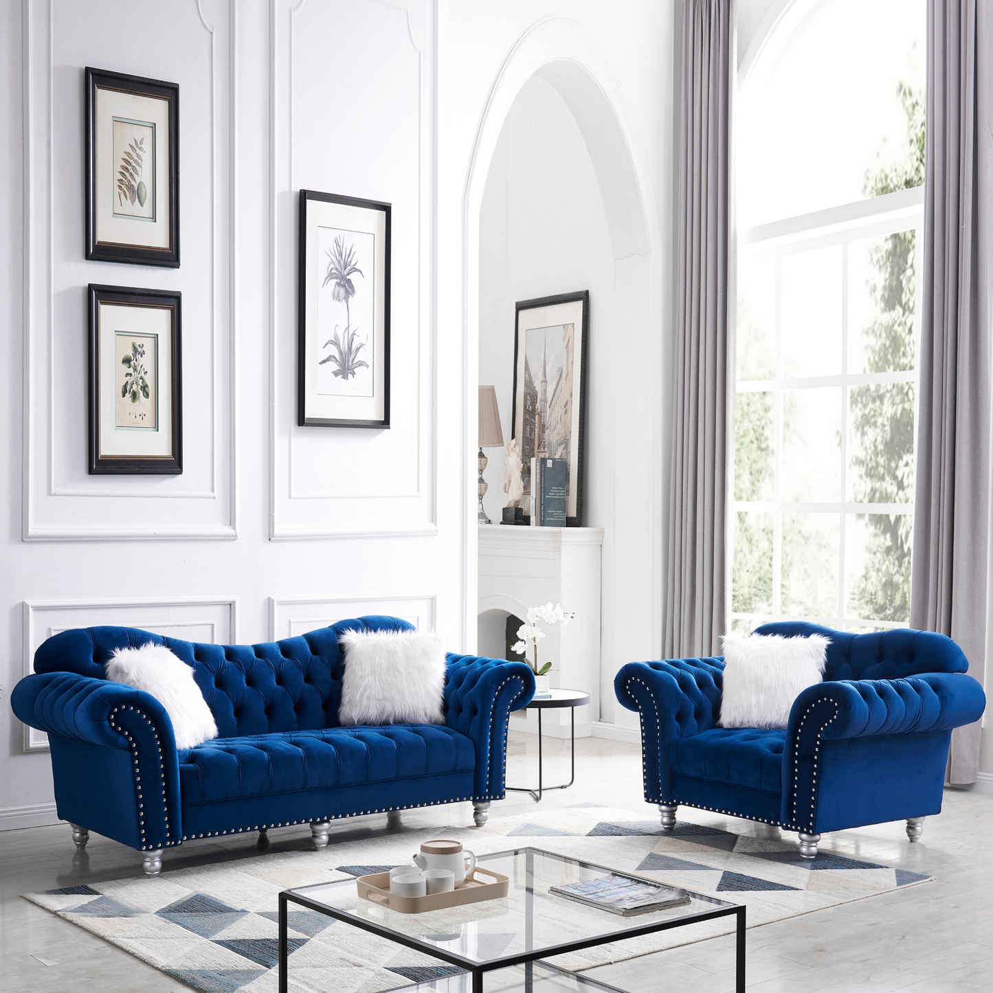 Sofa & Chair sets | 3 Piece Living Room Sofa Set, including 3-Seater Sofa, Loveseat and Sofa Chair, with Button and Copper Nail on Arms and Back, Five White Villose Pillow, Blue. | casafoyer.myshopify.com