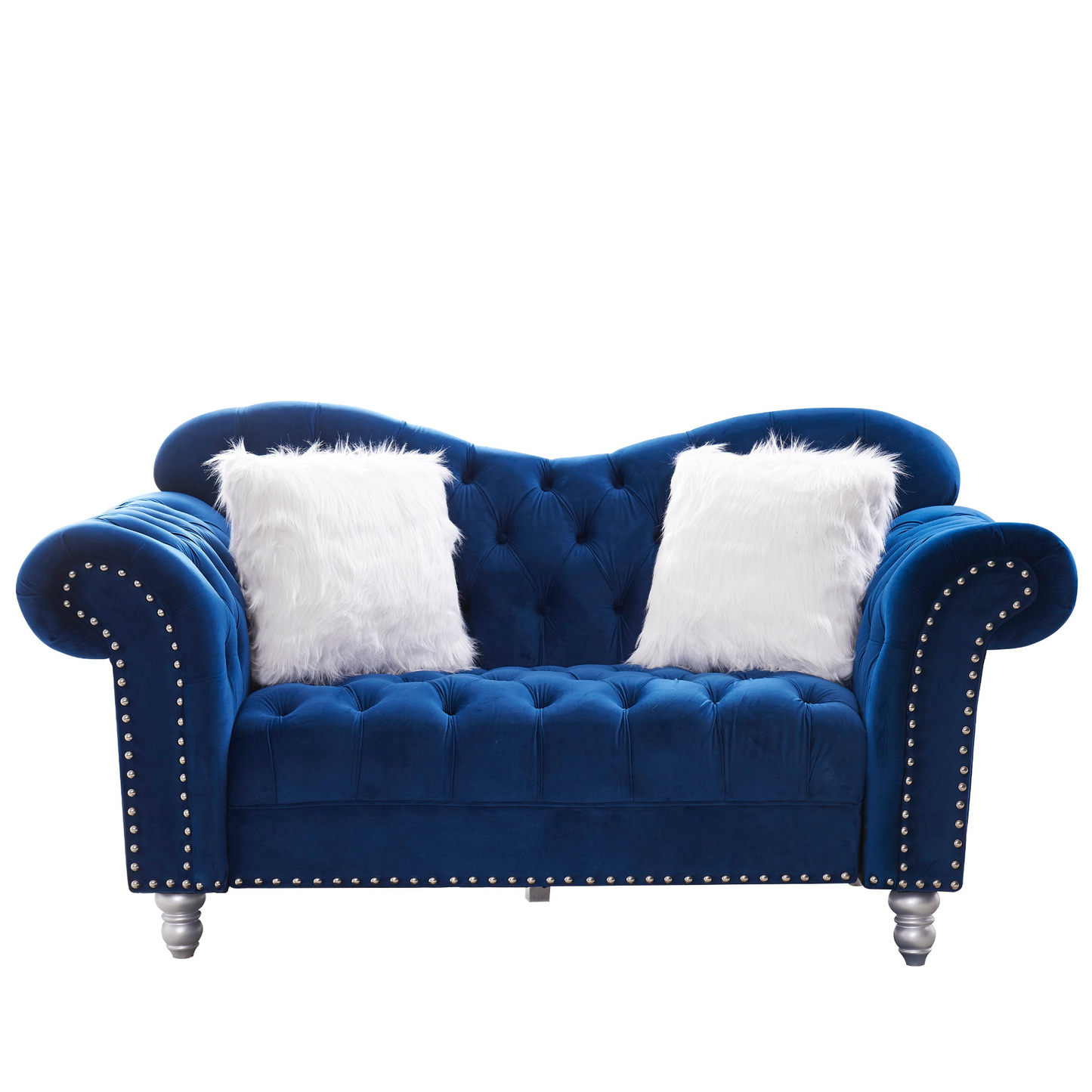 Sofa & Chair sets | 3 Piece Living Room Sofa Set, including 3-Seater Sofa, Loveseat and Sofa Chair, with Button and Copper Nail on Arms and Back, Five White Villose Pillow, Blue. | casafoyer.myshopify.com
